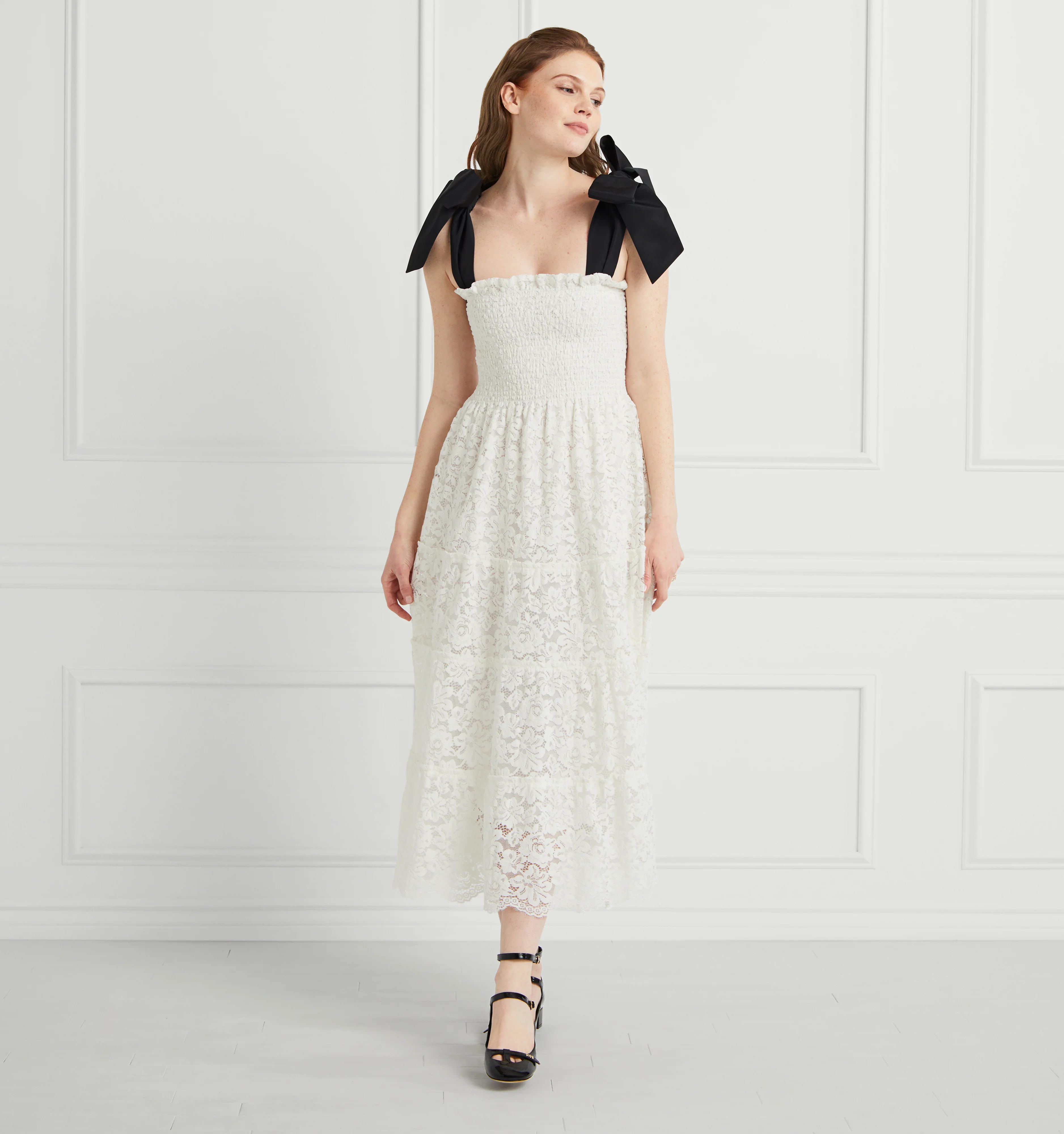 The Lace Ribbon Ellie Nap Dress - White Lace with Black Ribbon