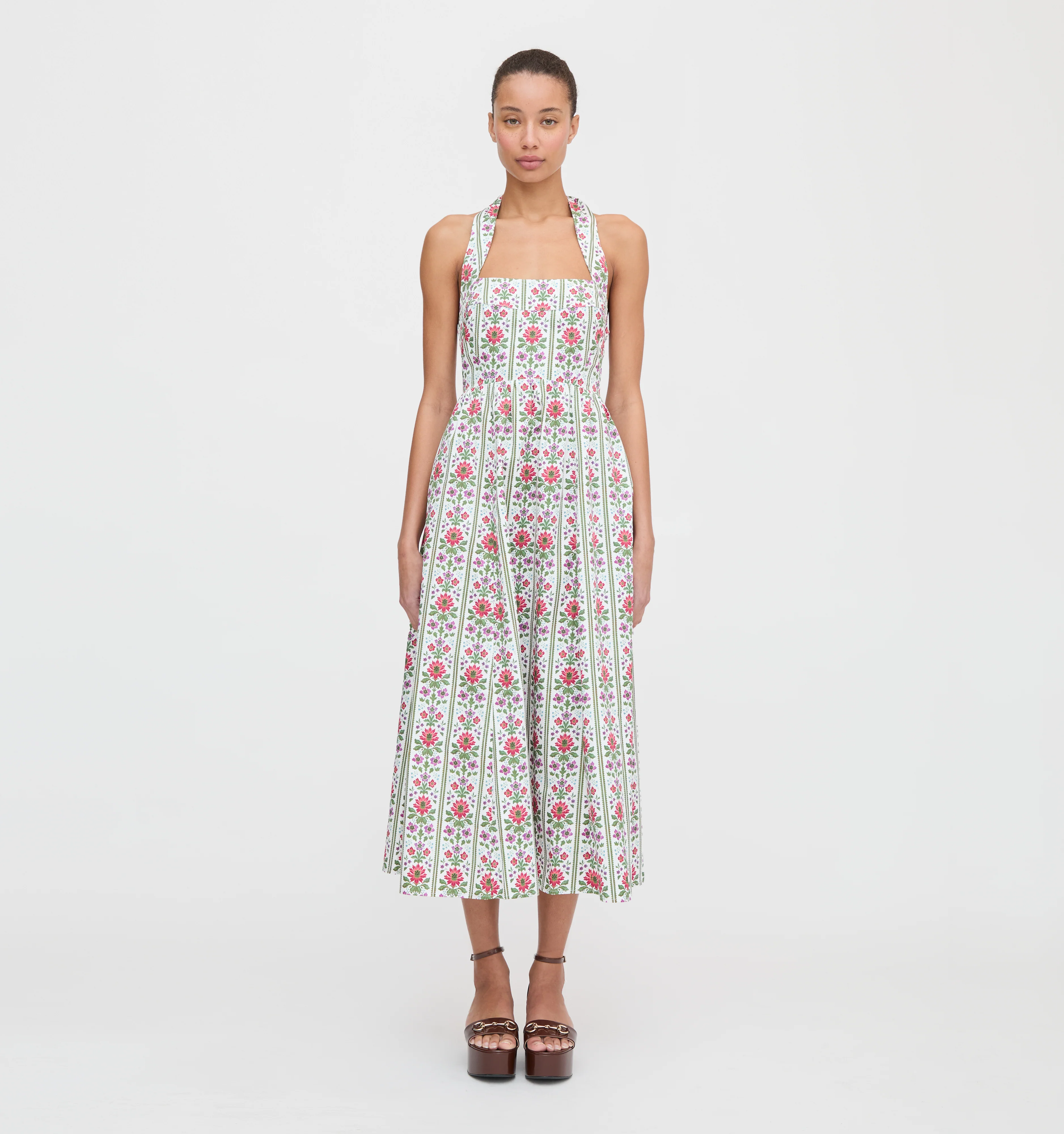 The Fleur Midi Dress - Green Floral Block Stripe