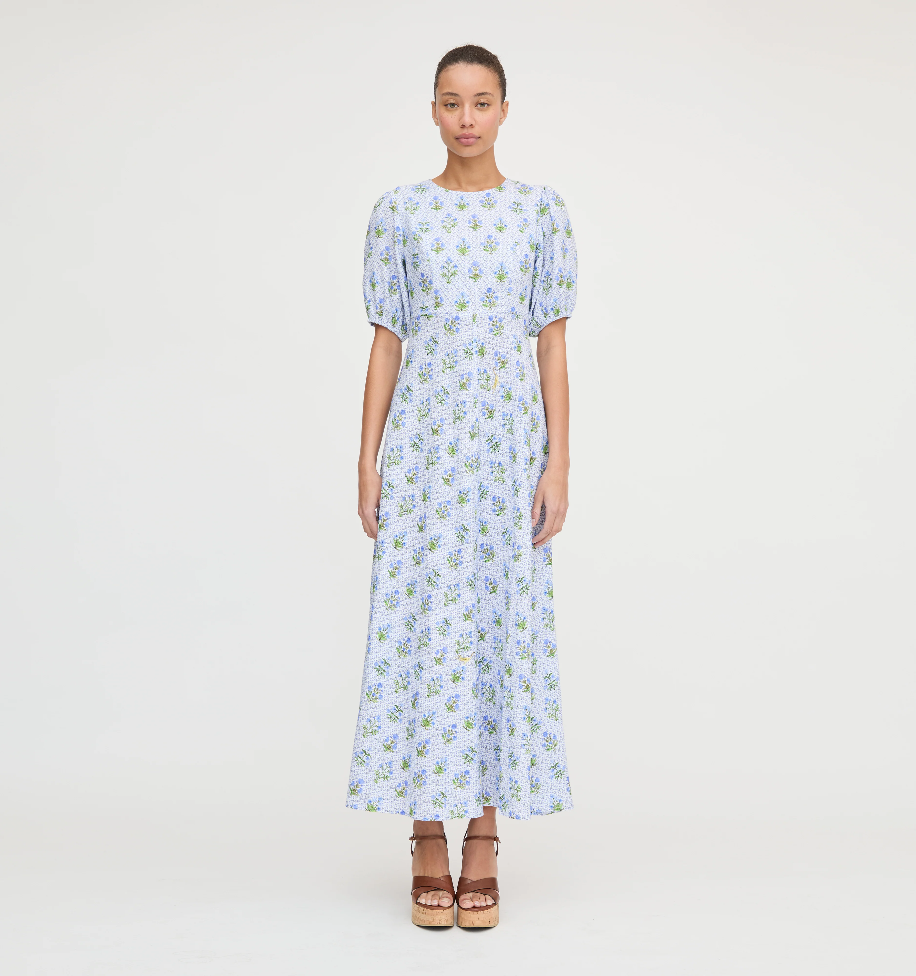 The Short Sleeve Nadia Dress - Blue Block Print