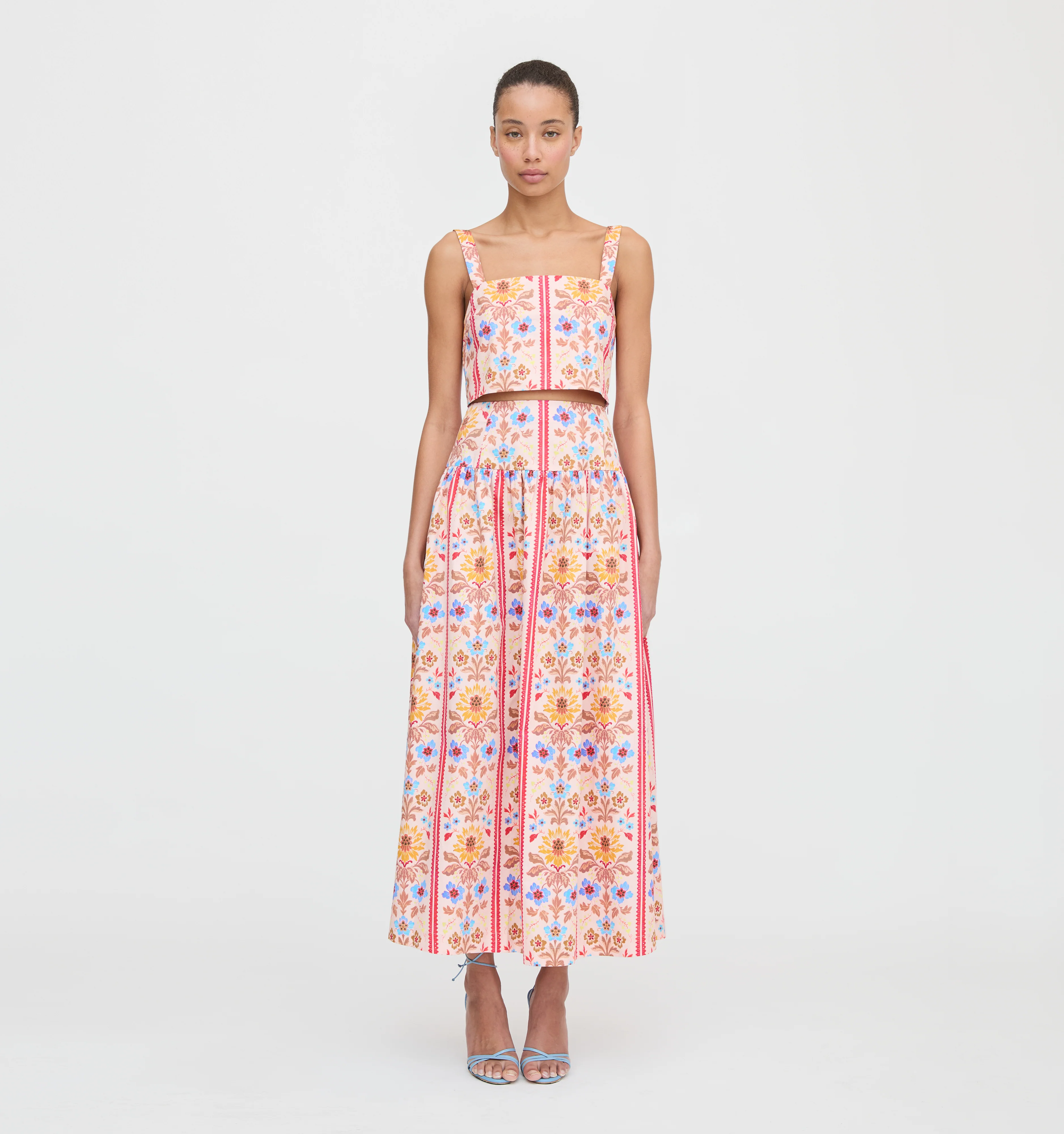 The Kate Midi Skirt - Pink Floral Block Stripe