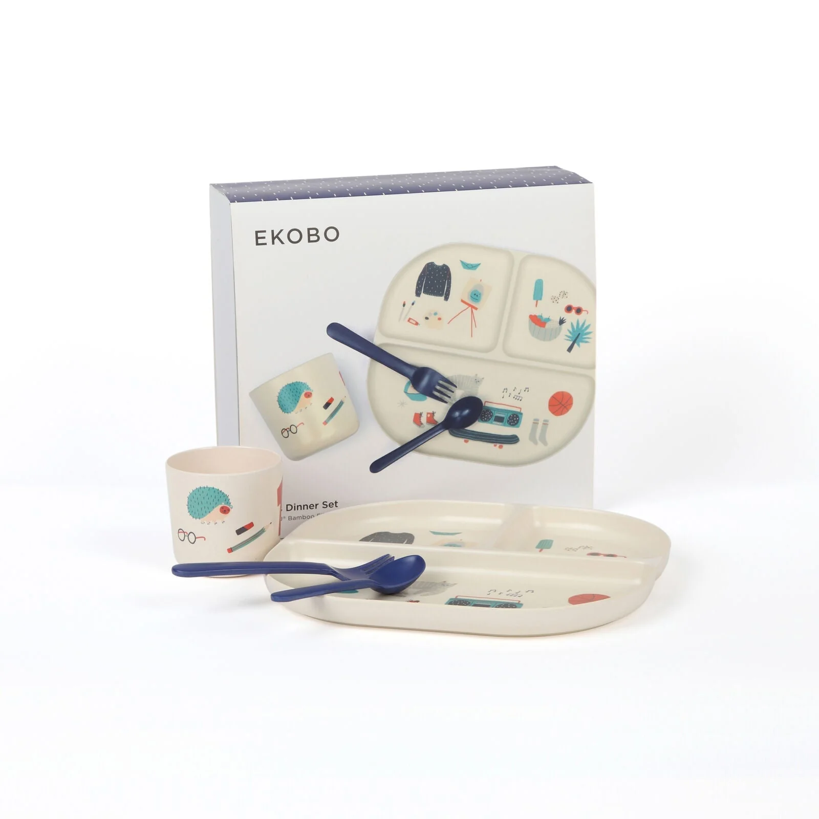 Illustrated Bamboo Kid Dinner Set - Royal Blue