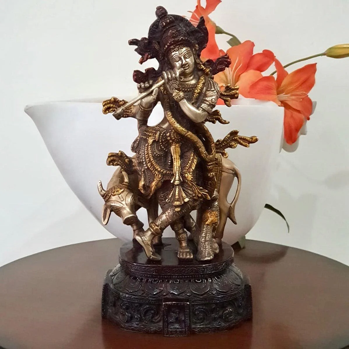12 Inches Lord Krishna & Cow idol - Brass Lacquer Finish - Krishna Statue for Indian Decor