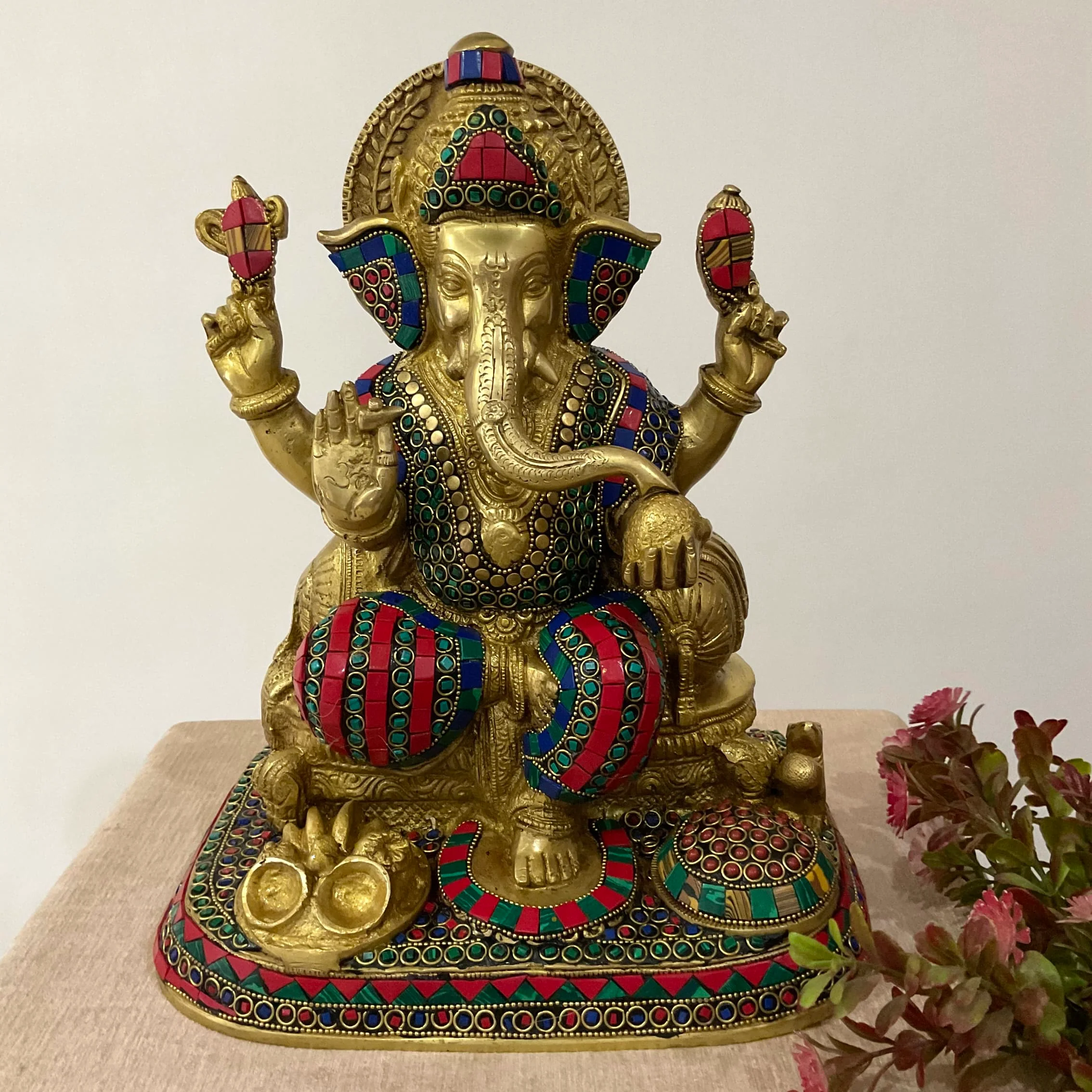 12.5 Inch Ganesha Statue Brass Stonework - Ganpati Pooja idol, Housewarming Gift Idea