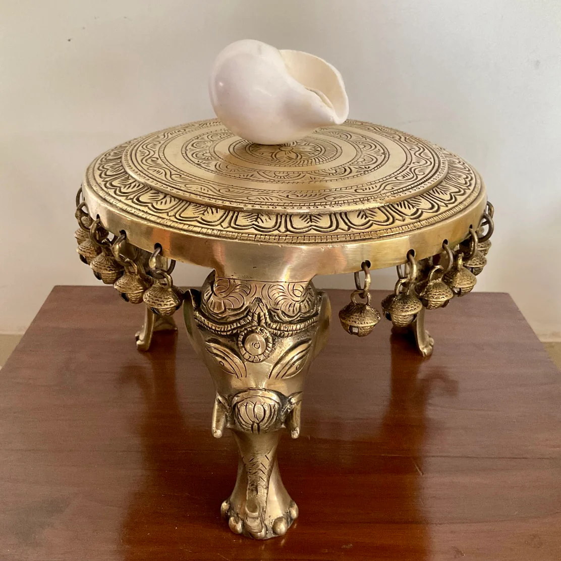 Elephant Brass Chowki With Bells For Idols And Pooja
