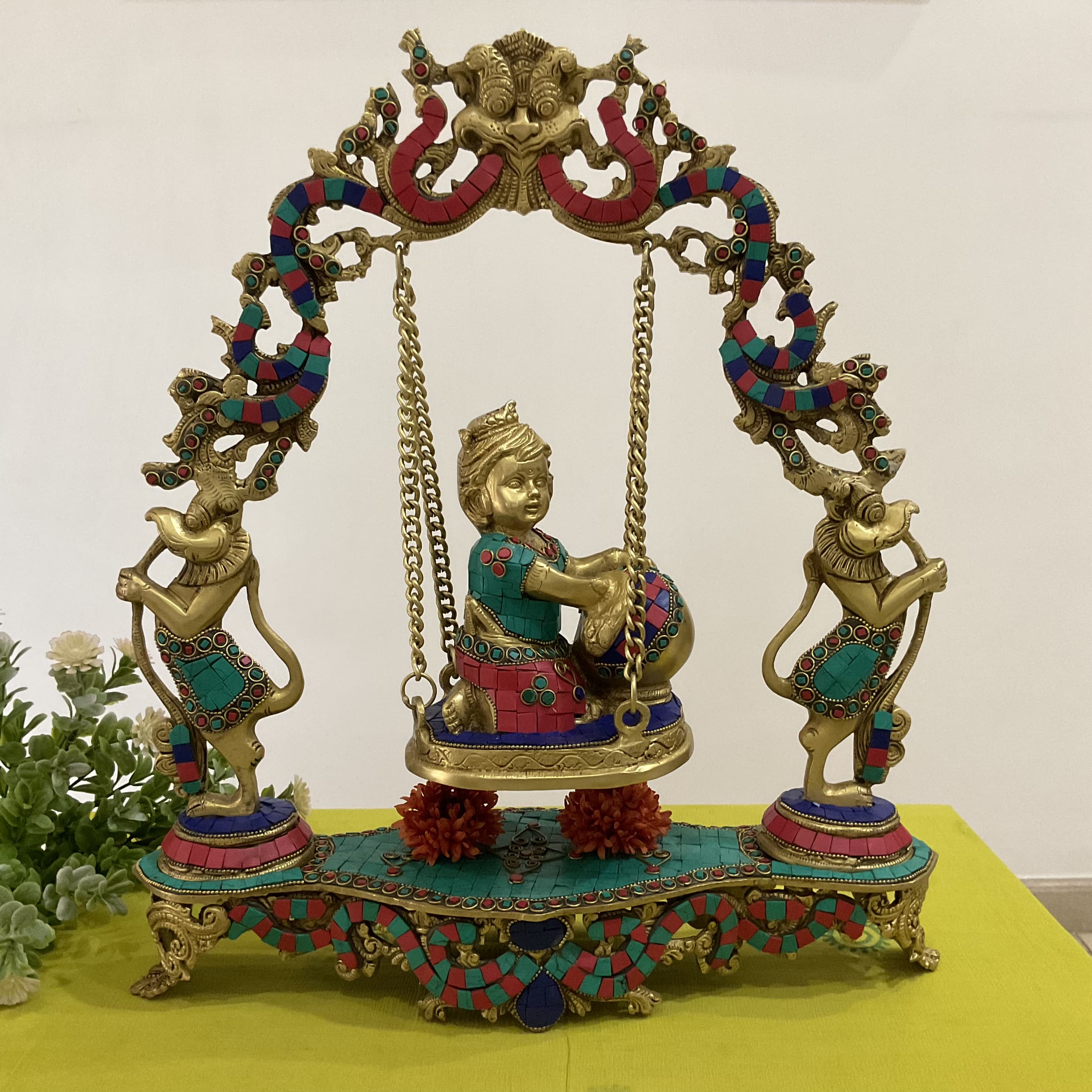 Baby Krishna Swing Yali Decorative Brass Idol Statue