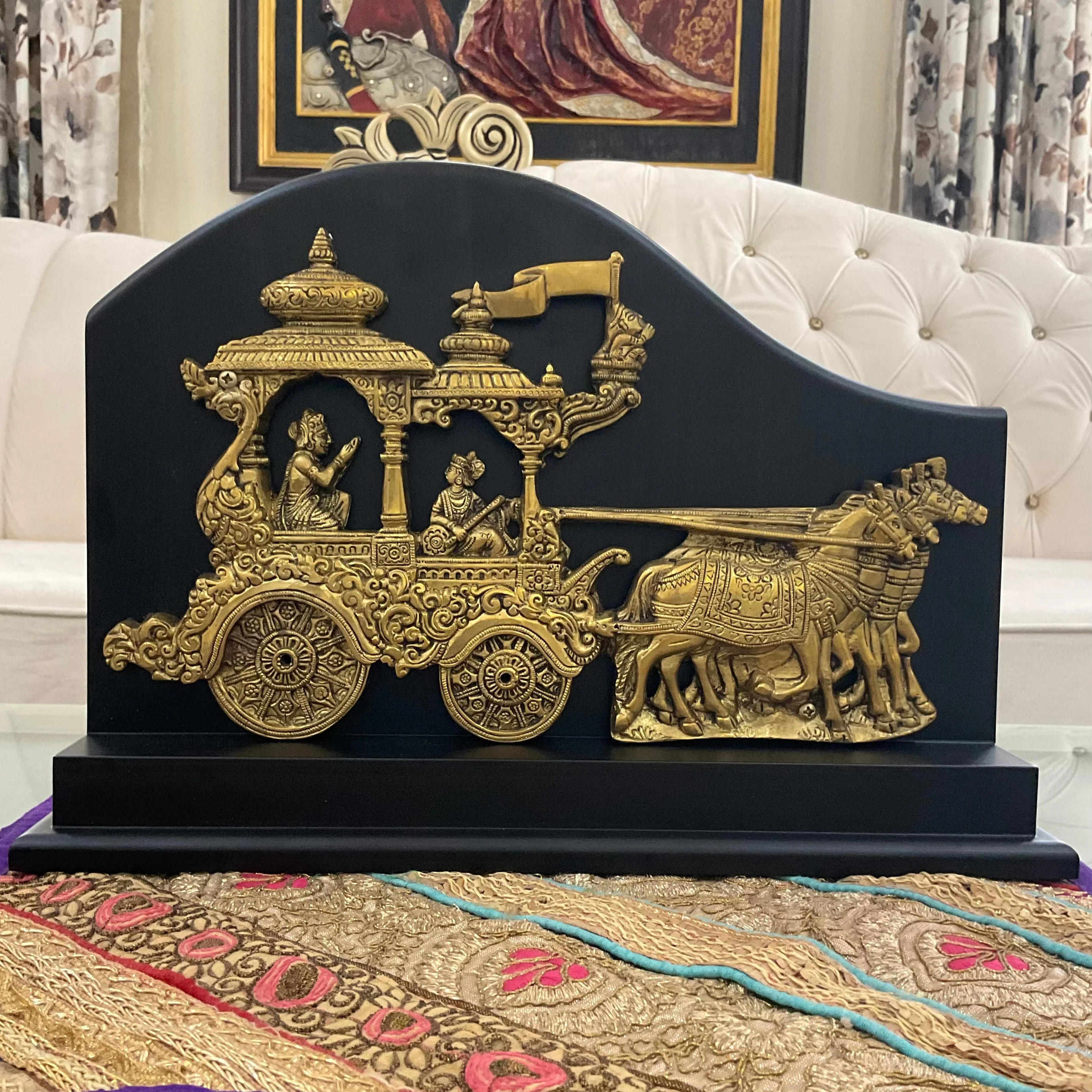 Krishna Arjun Rath Brass Wooden Table Decor - Traditional Office & Home Decor