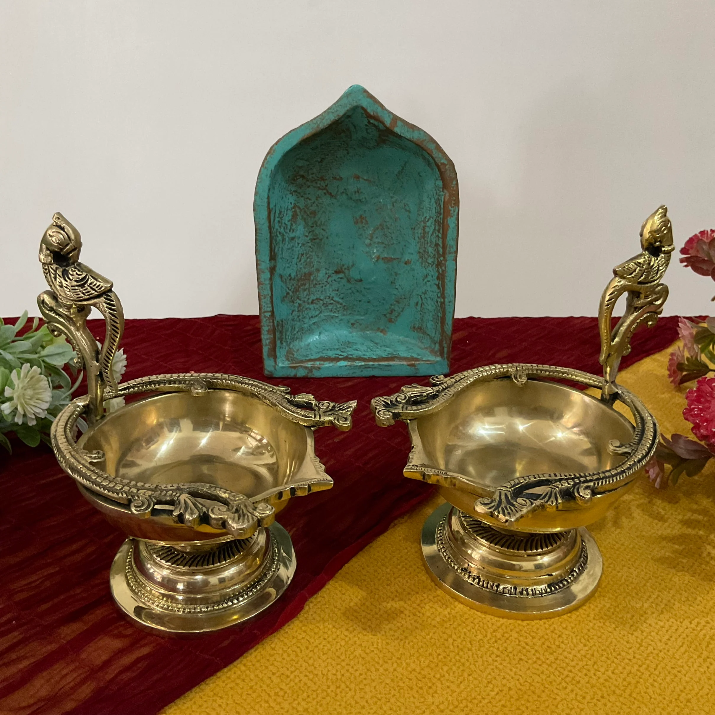 6 Inch Annapakshi Diya (Set of 2)- Handmade Brass lamp Pooja Decor