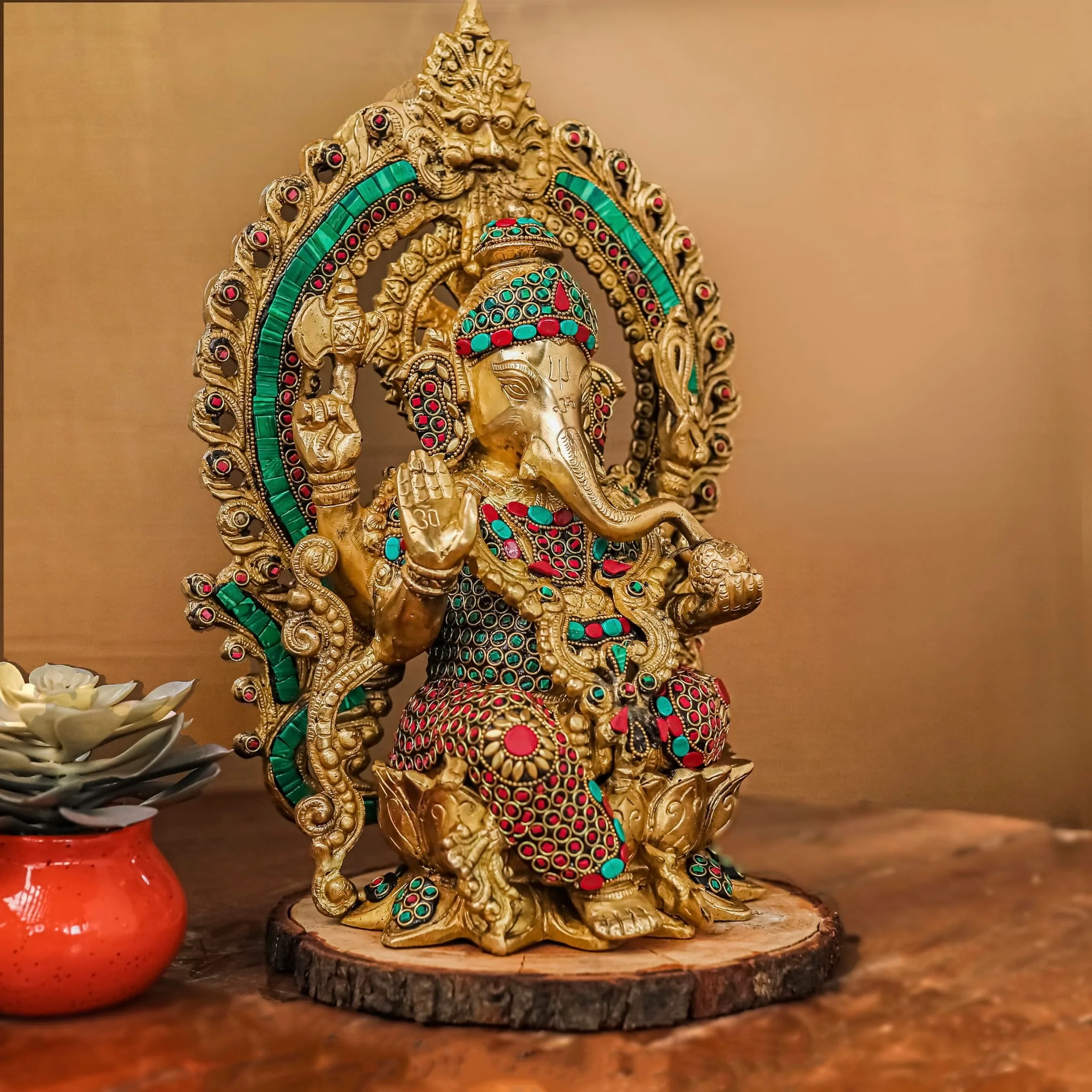15 Inch Brass Ganesh Idol With Stonework - Ganpati Statue for Home, Housewarming Gift