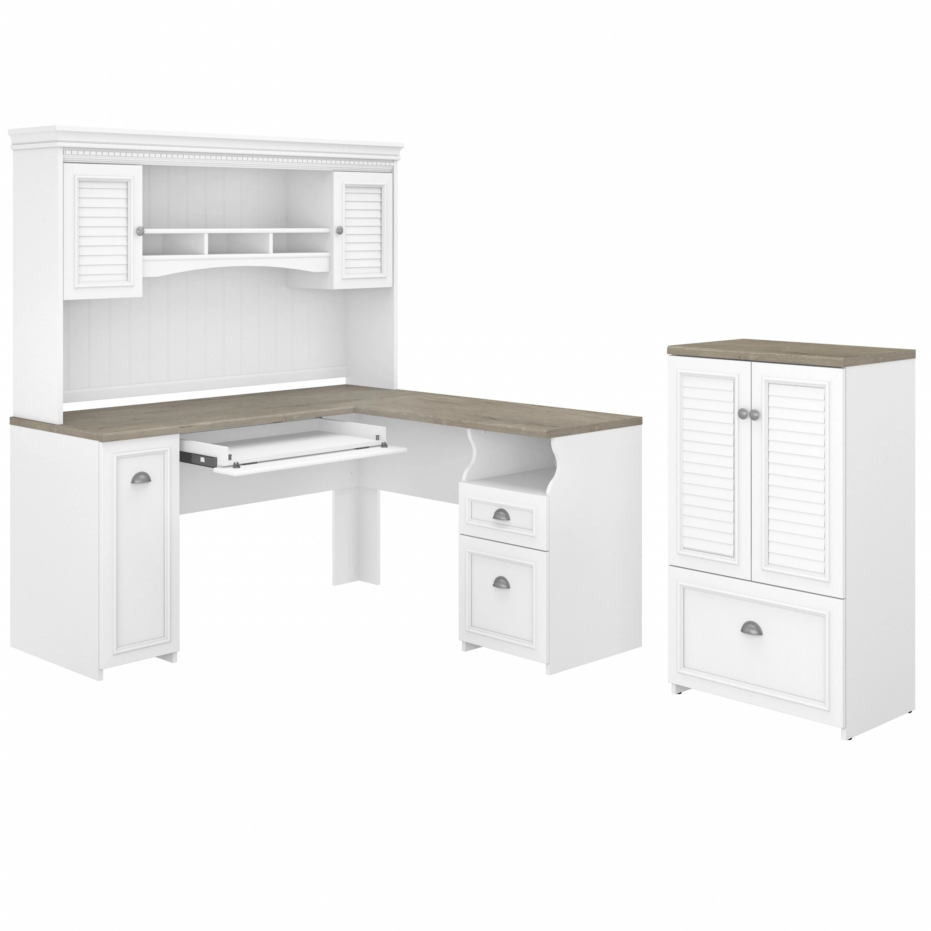 Fairview 60W L Shaped Desk with Hutch and Storage Cabinet with File Drawer