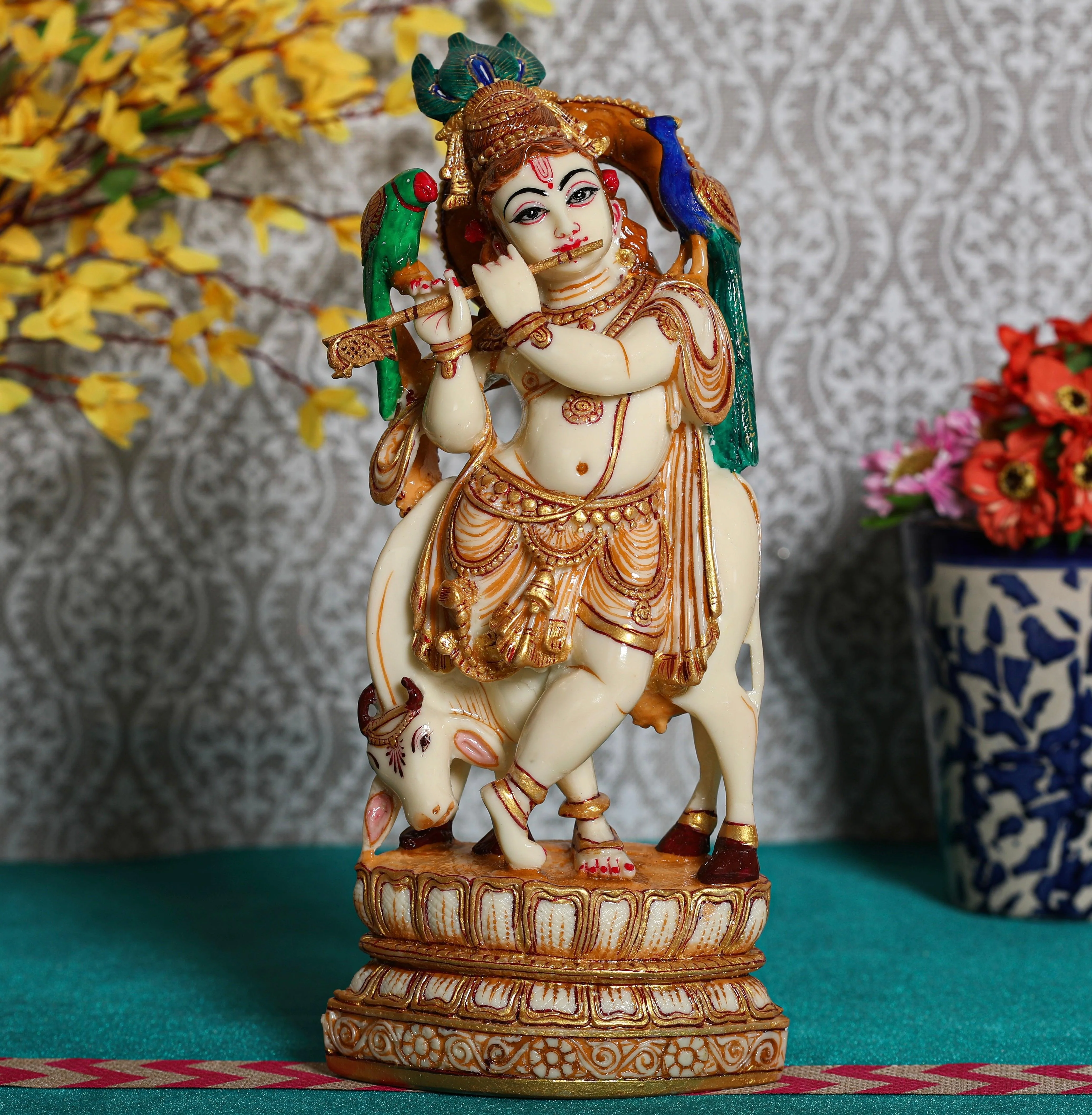 Handcrafted Krishna & Cow Marble Dust Resin Idol -  Hindu God Statue - Decorative Murti