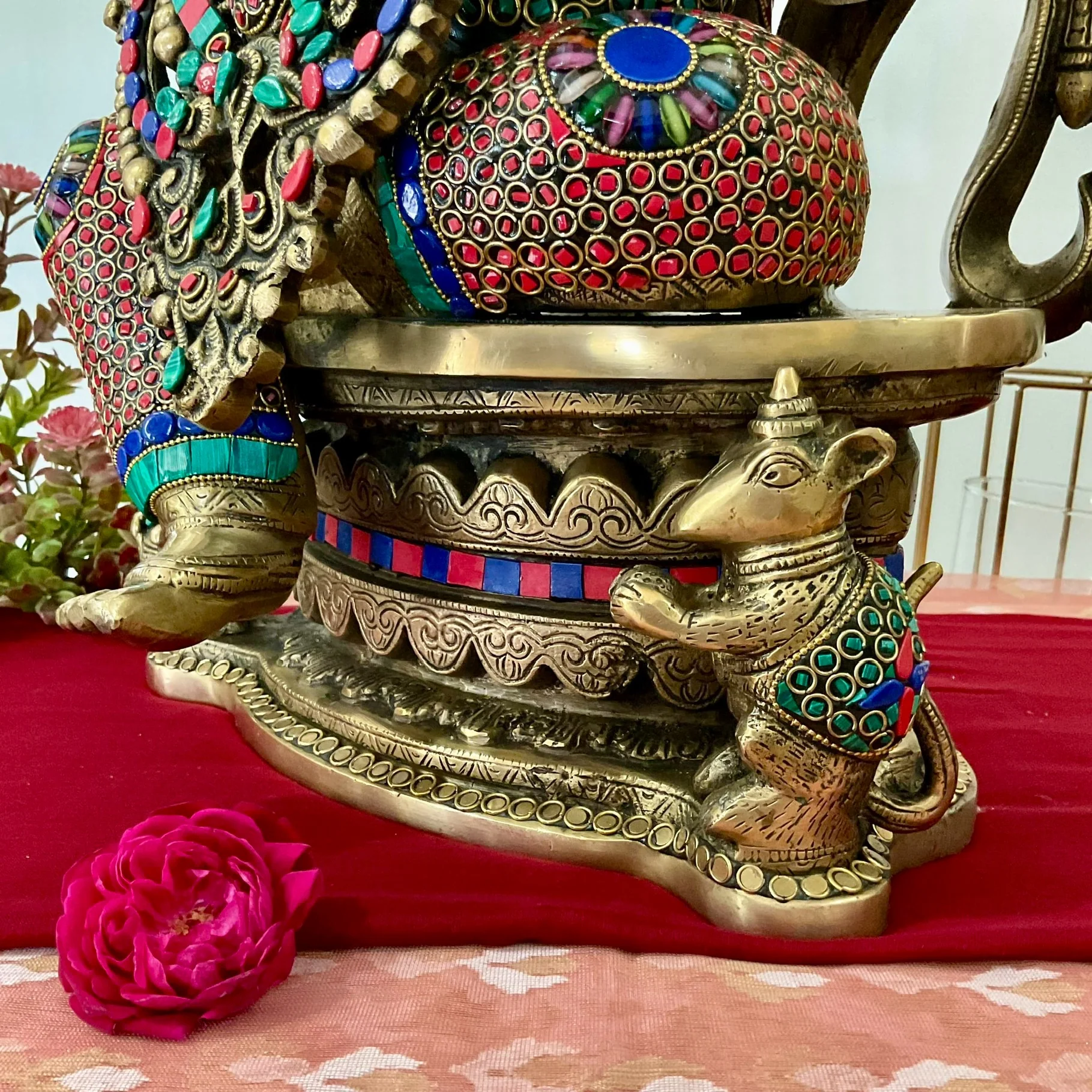 27 Inch Lord Ganesh Idol With Prabhavali - Brass Stonework Statue