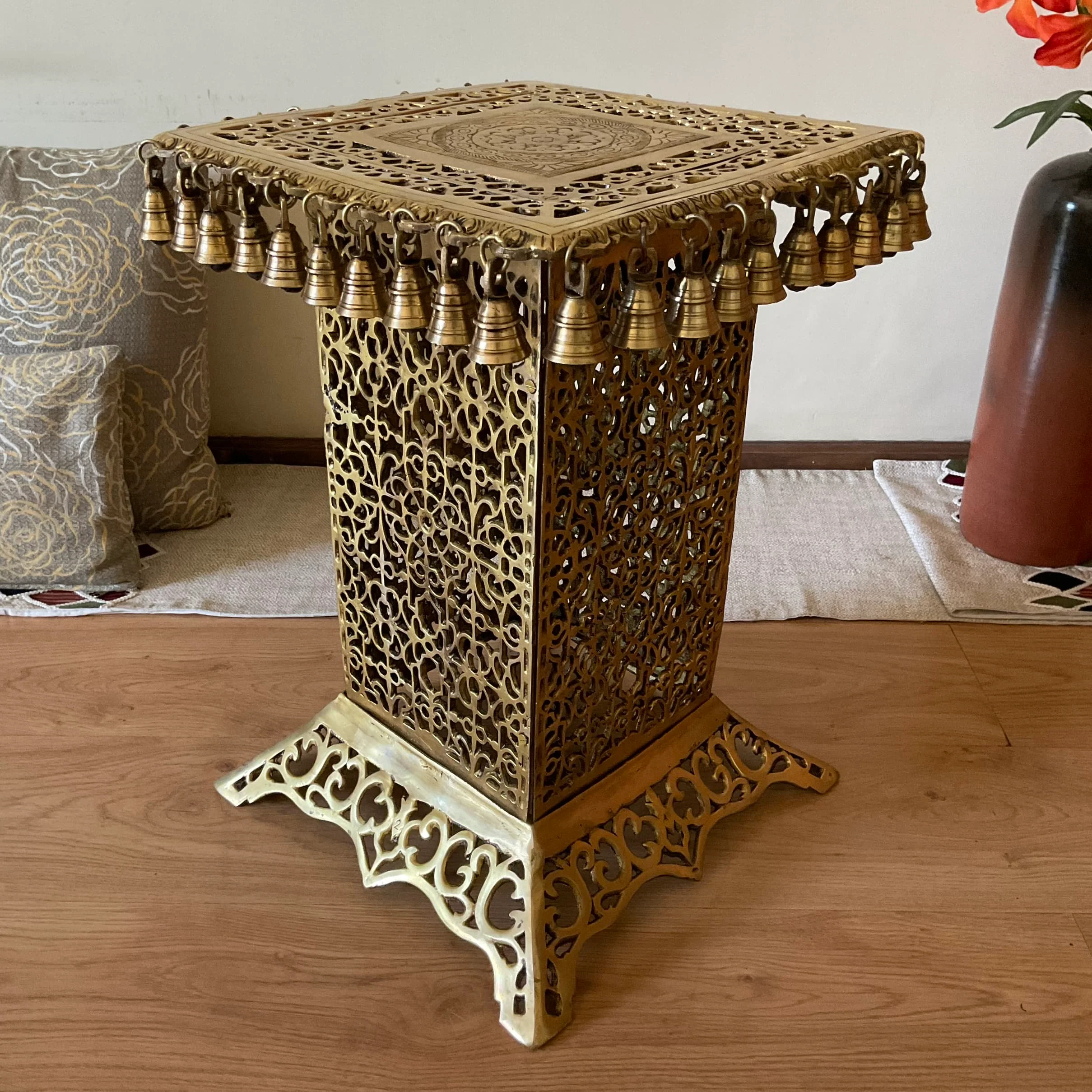 21 Inch Brass Chowki With Bells For Idols And Pooja