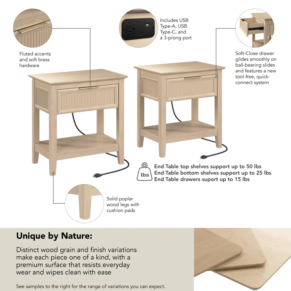 Bush Home Camille Fluted End Table with Drawer - Set of 2