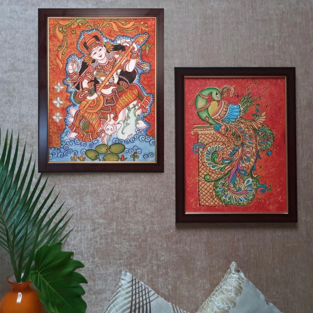 Goddess Saraswati & Peacock Kerala Mural (Set of 2) - Handpainted Wall Decor