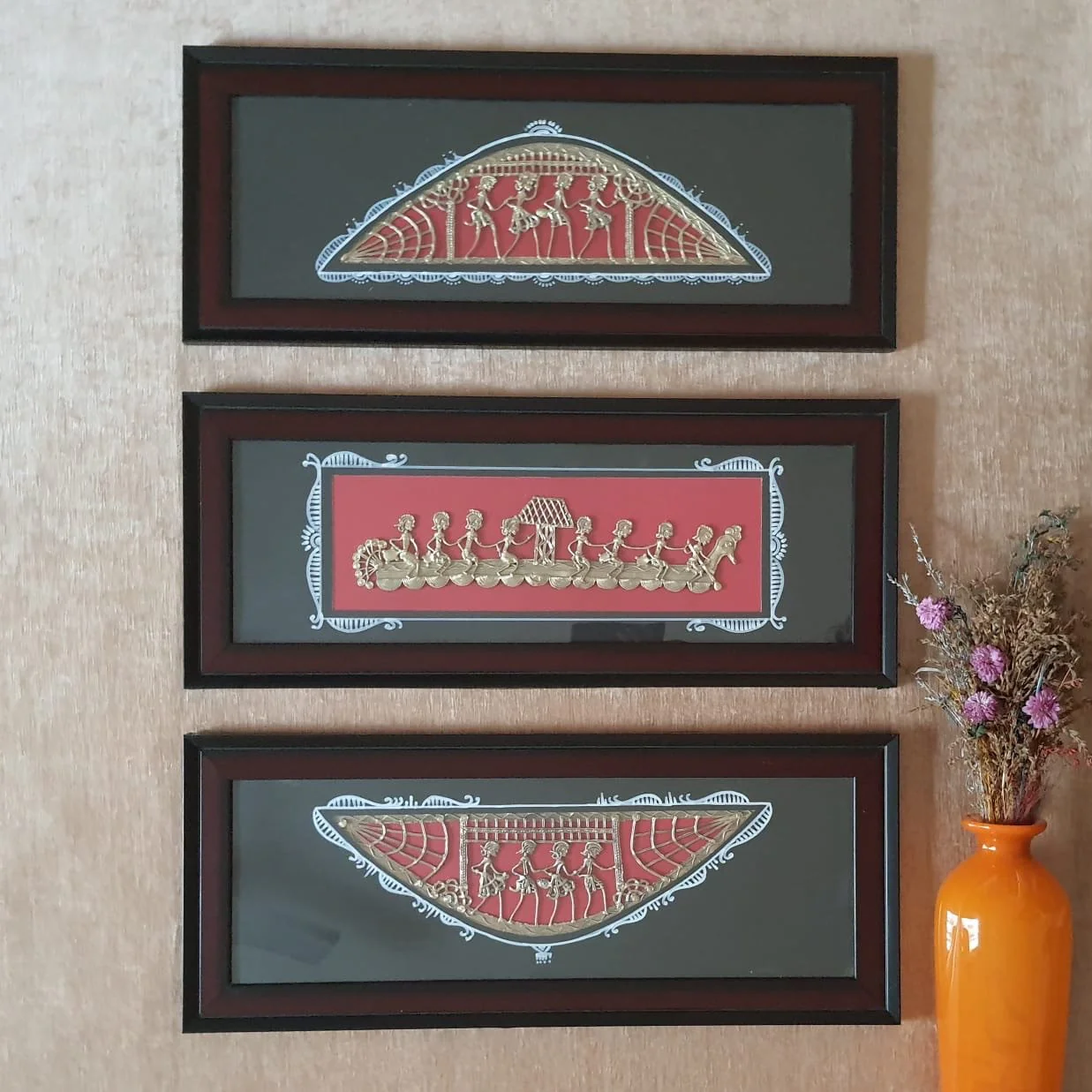 Red Dhokra Warli Wall Hanging (set of 3) - Wall Decor - Home Decor