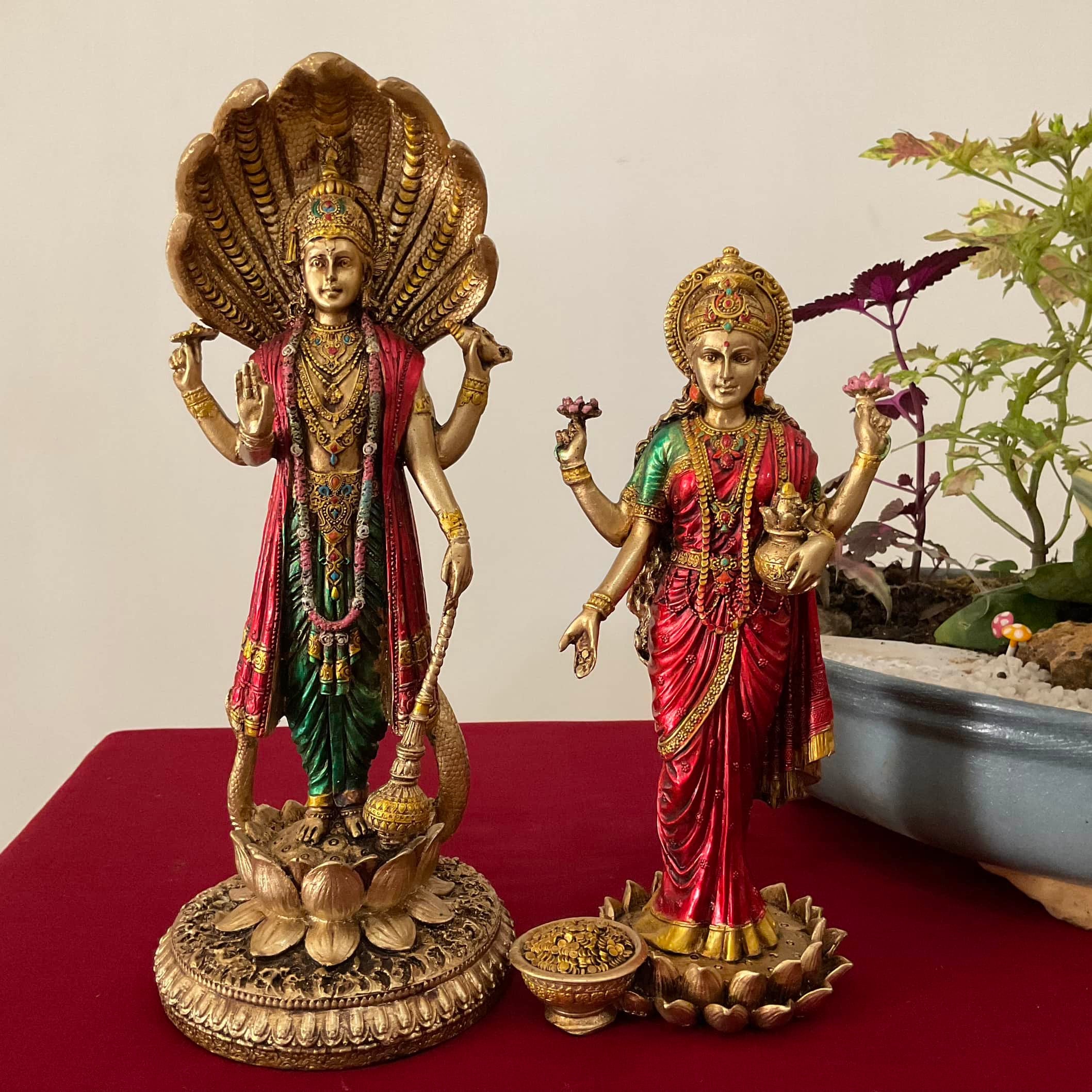 Vishnu Lakshmi God Idols In Cultured Marble Copper Finish - Pooja Statue, Home Decor