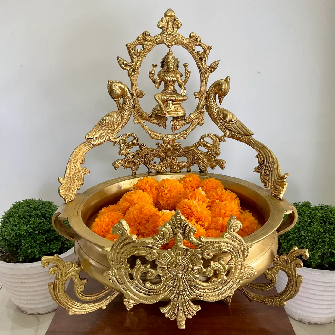 Goddess Lakshmi Peacock Brass Urli For Home Decor With 2 Free Marigold Garlands
