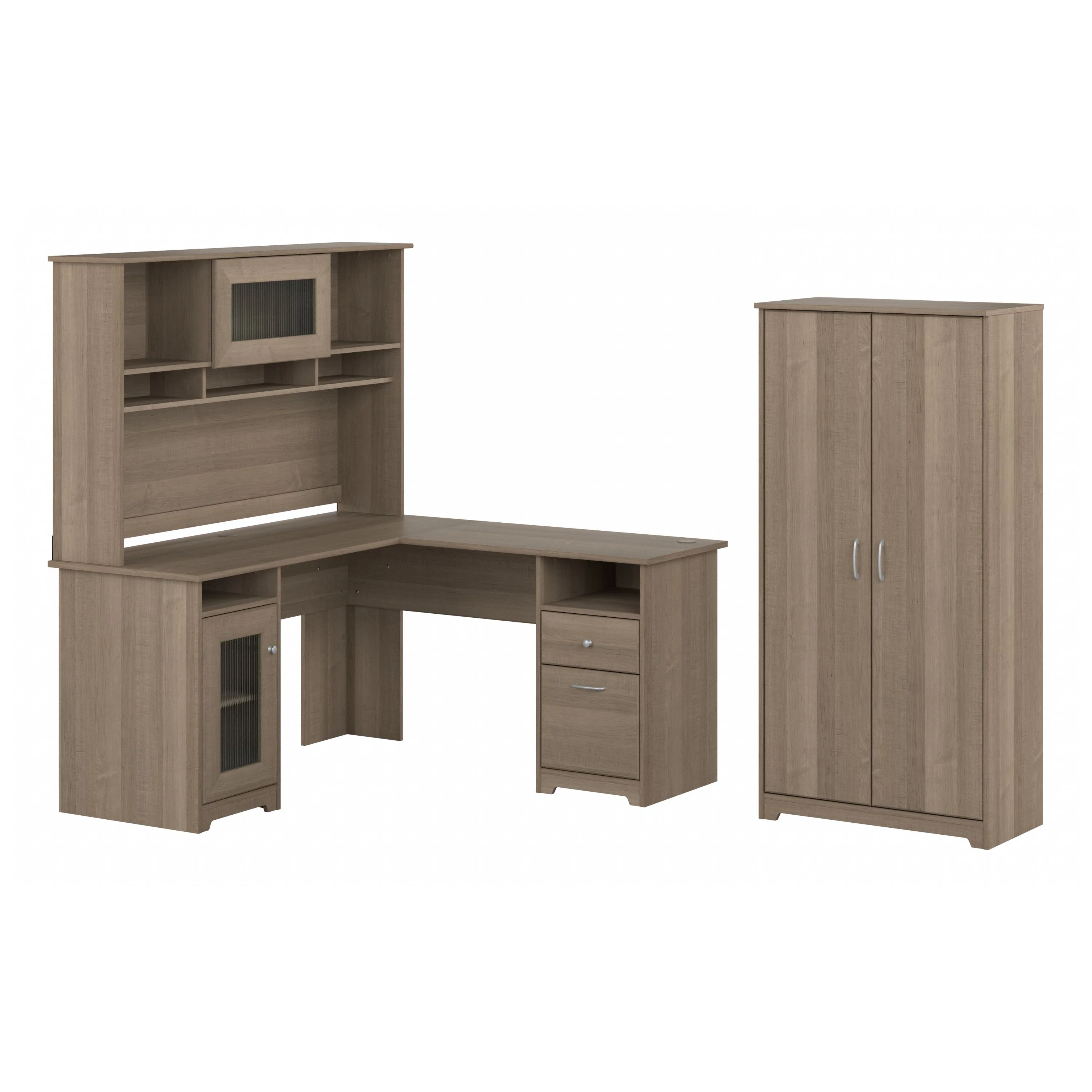60W L Desk, Hutch, and 2 Door Tall Storage
