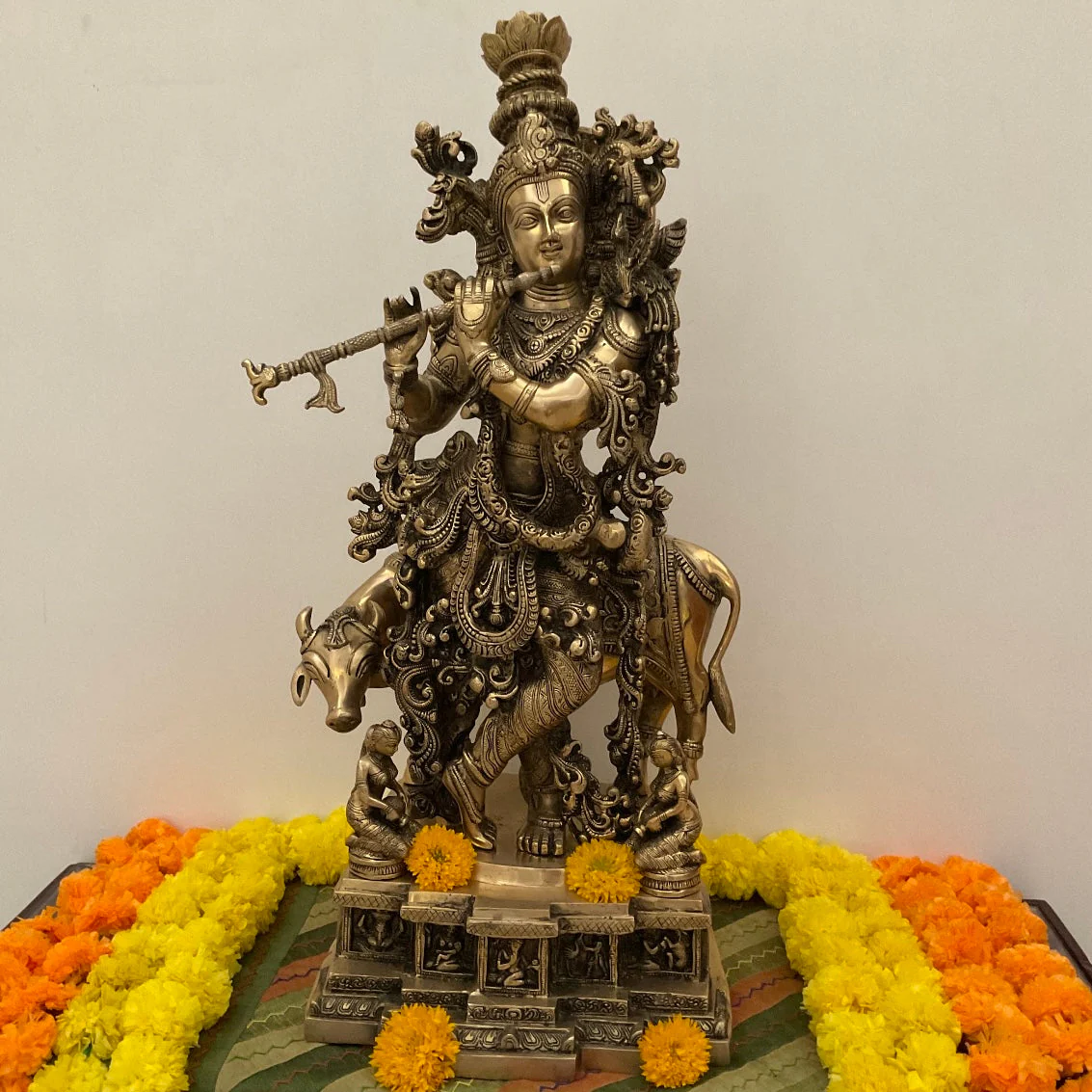 29 Inch Lord Krishna Cow Brass Idol, Statue For Pooja, Entrance Decor