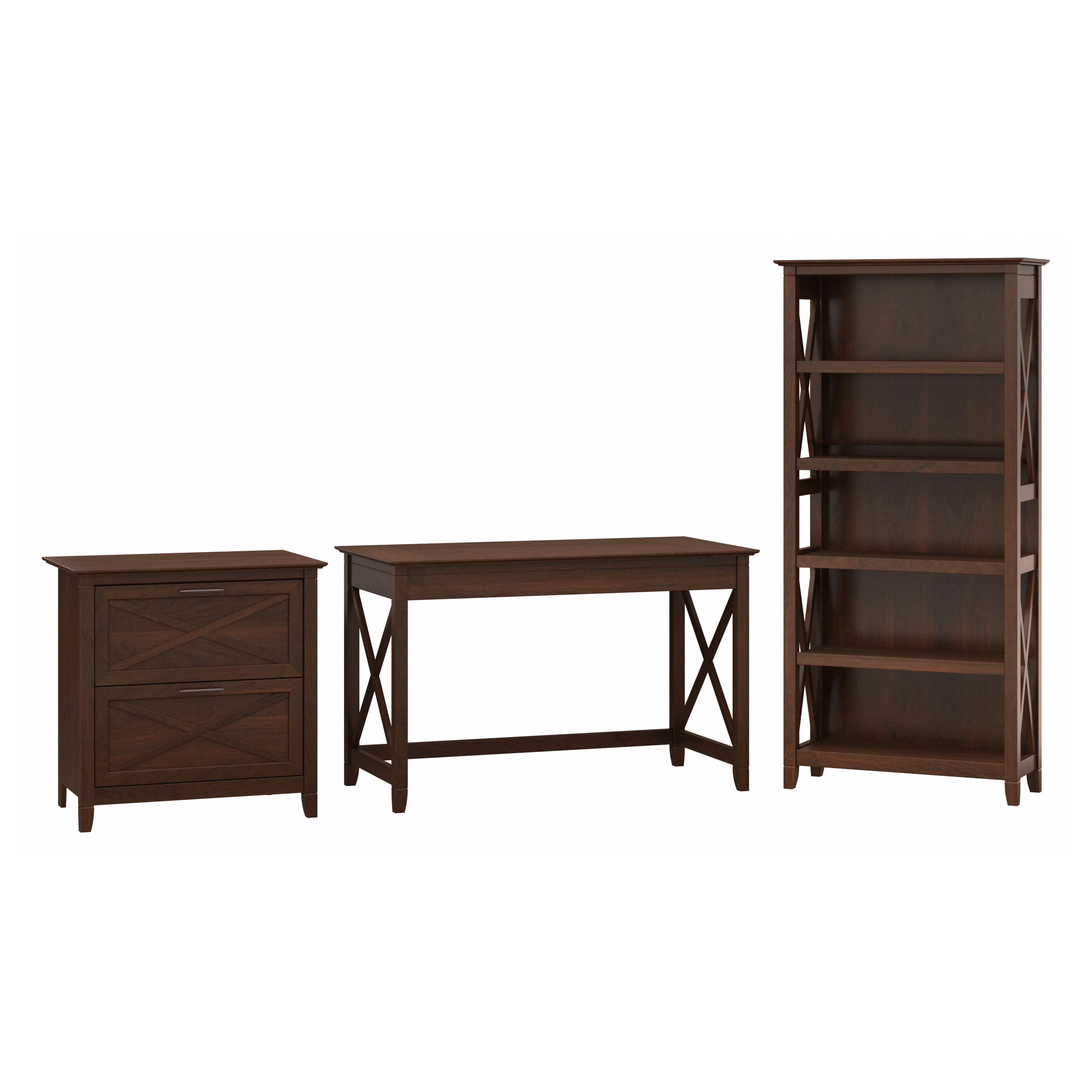 Key West 48W Writing Desk with 2 Drawer Lateral File Cabinet and 5 Shelf Bookcase