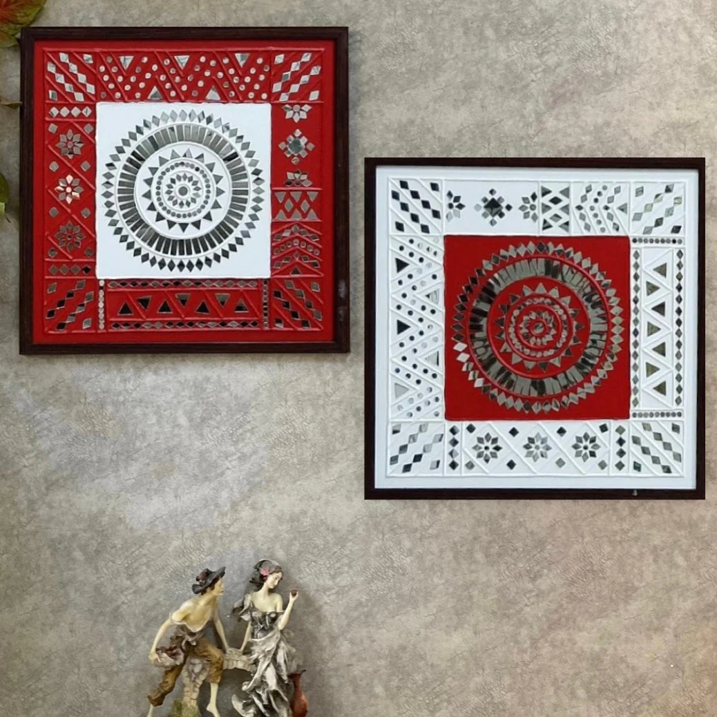18 Inches Red & White Inside Out Square Lippan Art (Set of 2) Wall Hanging - Clay Mirror Wall Decor