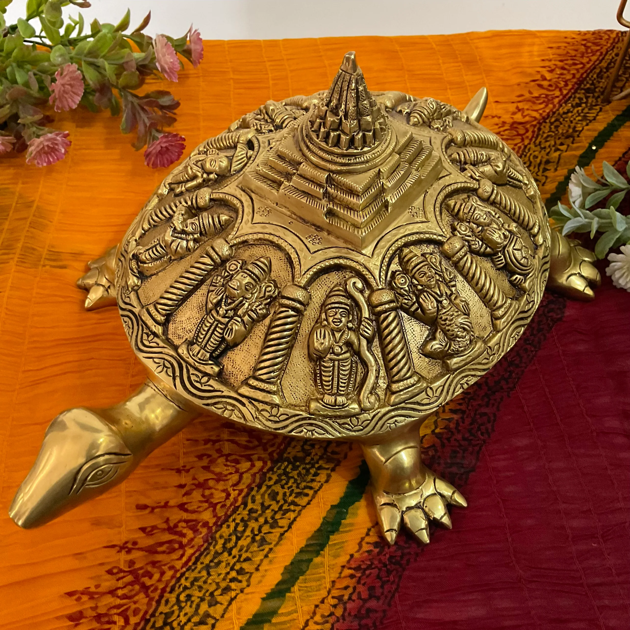 Tortoise With Dashavatar Shri Yantra Brass Idol - Decorative Figurine
