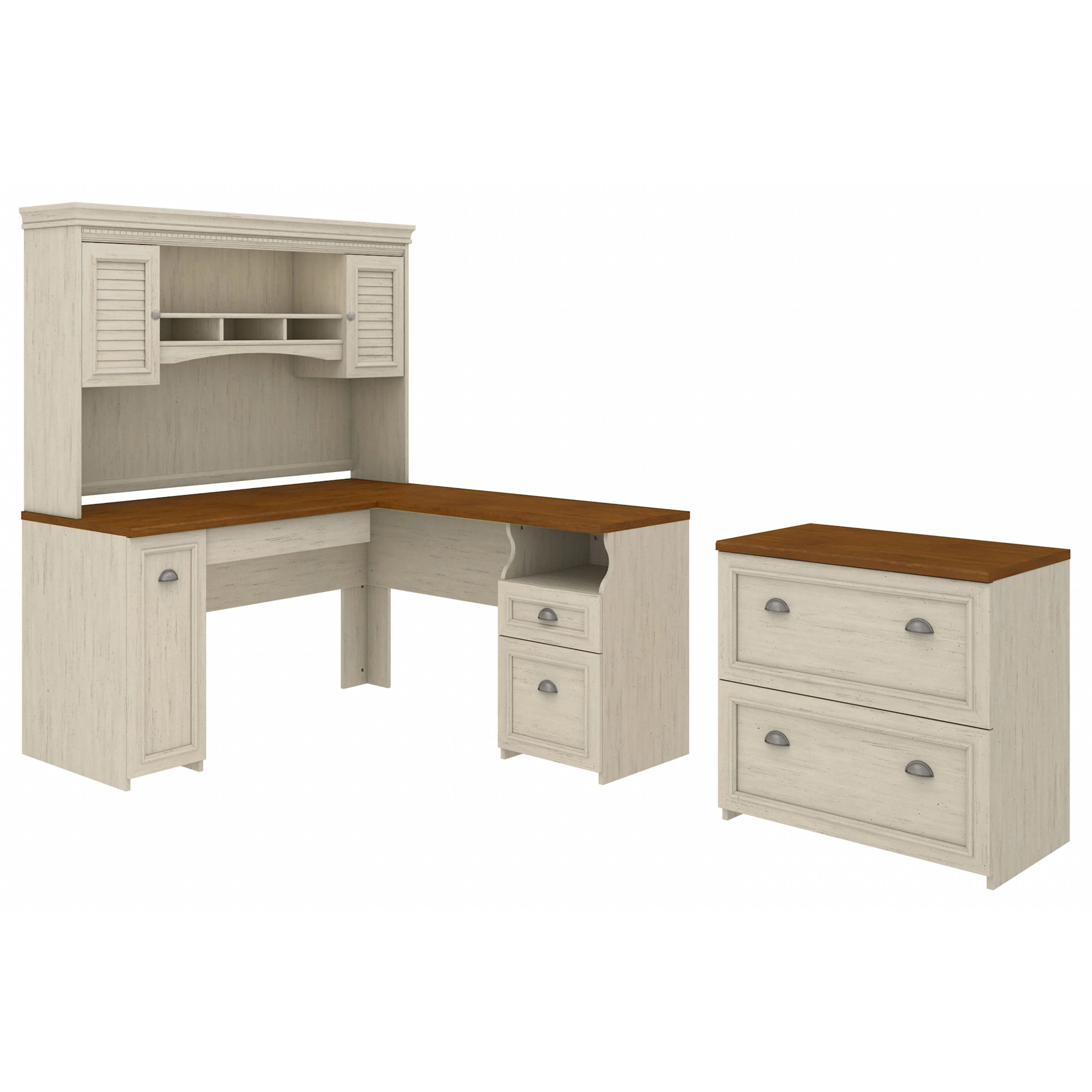 Fairview 60W L Shaped Desk with Hutch and Lateral File Cabinet