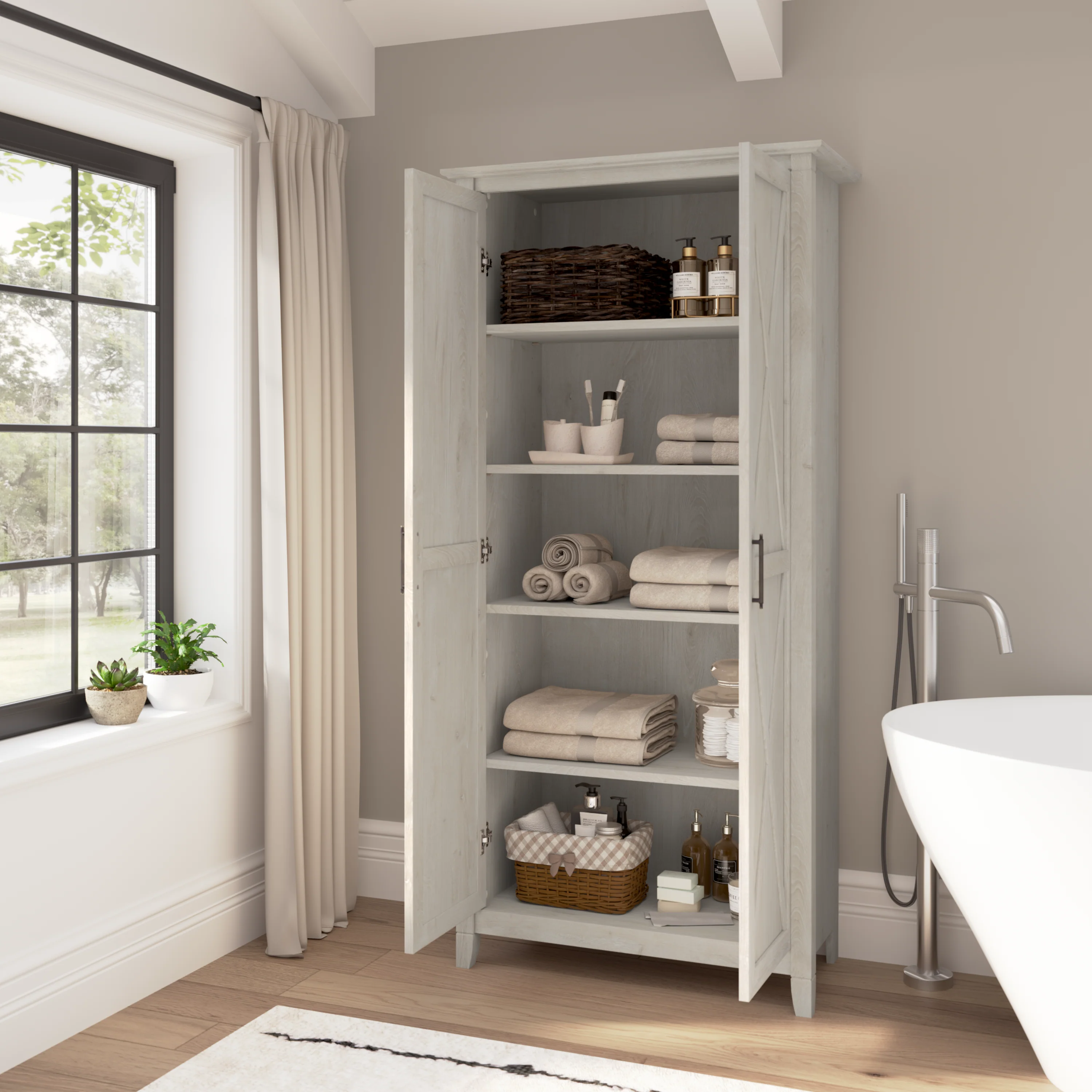 Key West Tall Bathroom Cabinet with Doors and Shelves