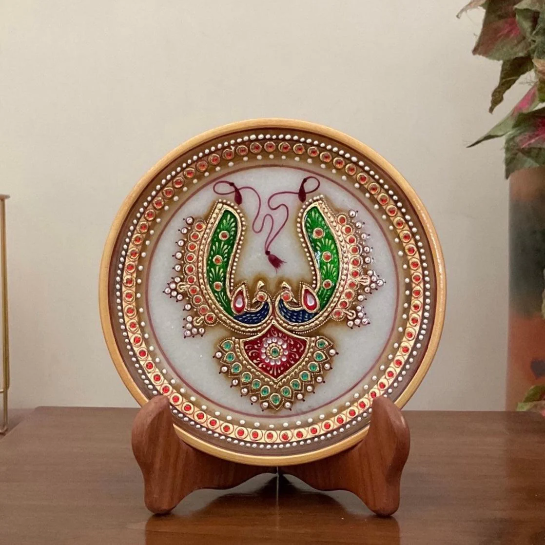 Gold Leaf Meenakari Jewelry Painting - 6 Inches Round Marble Plate - Handmade Home Decor