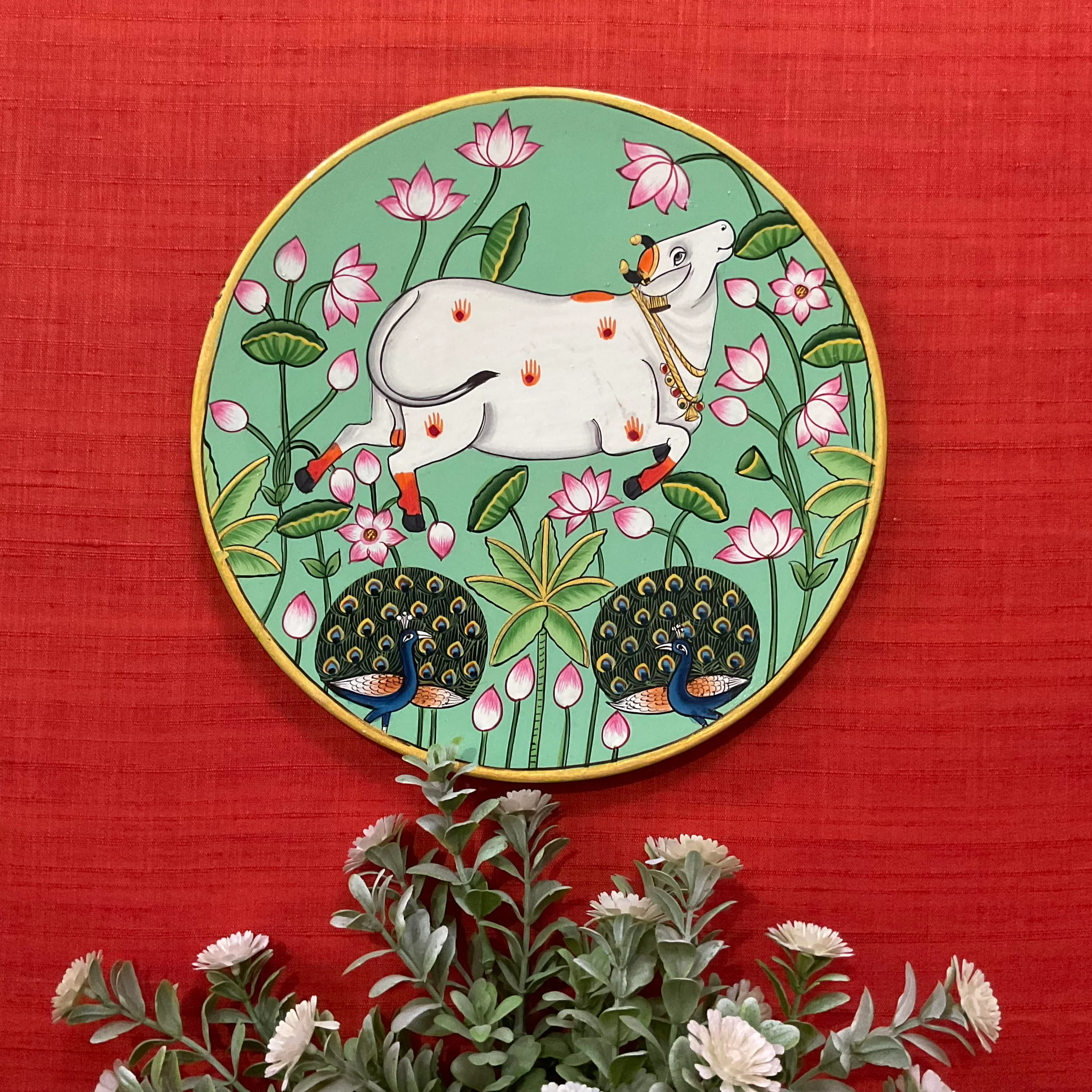 Radha Krishna, Shrinathji Cow Pichwai Wall Hanging - Decorative Round Plate