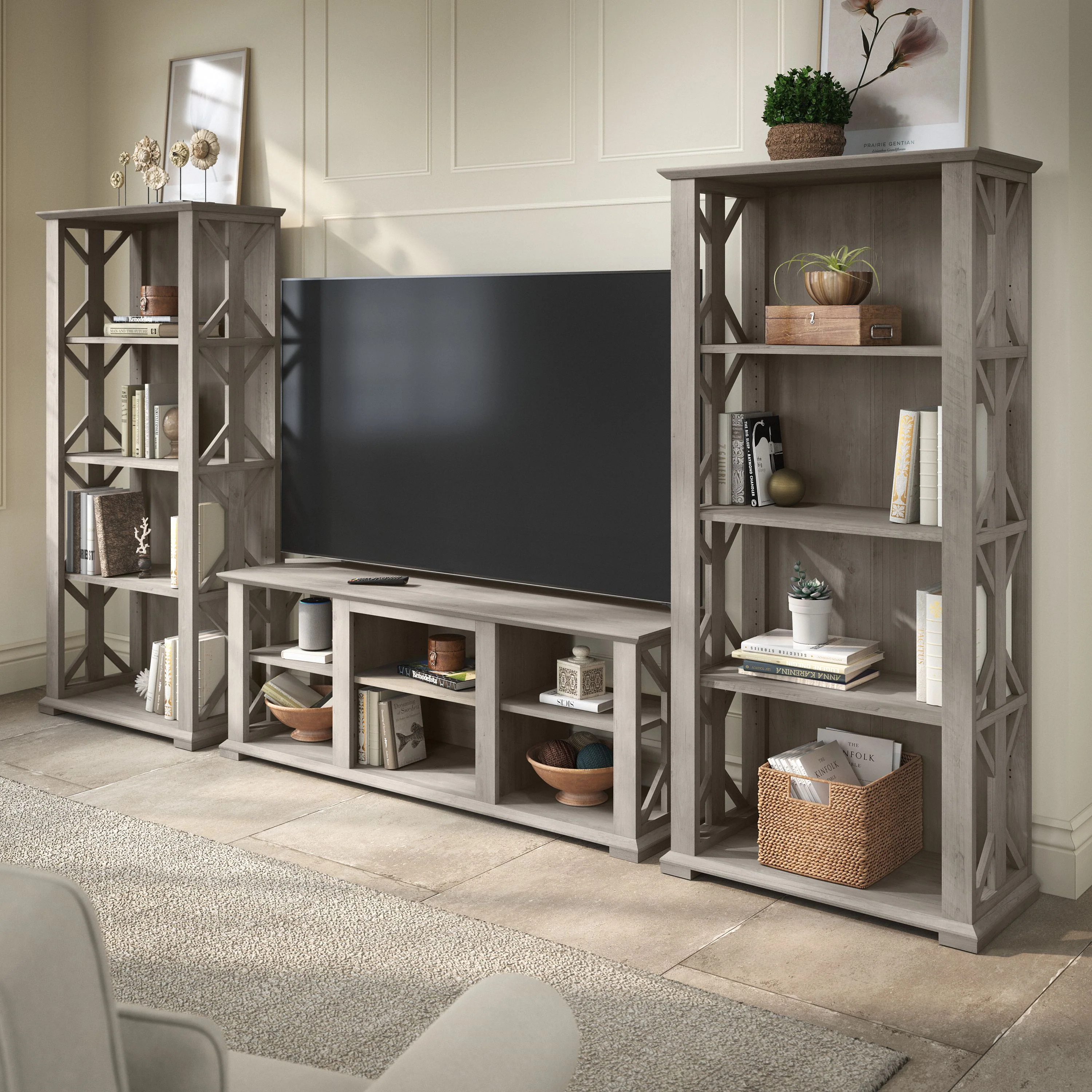 Homestead Farmhouse TV Stand for 70 Inch TV with 4 Shelf Farmhouse Bookcase Set