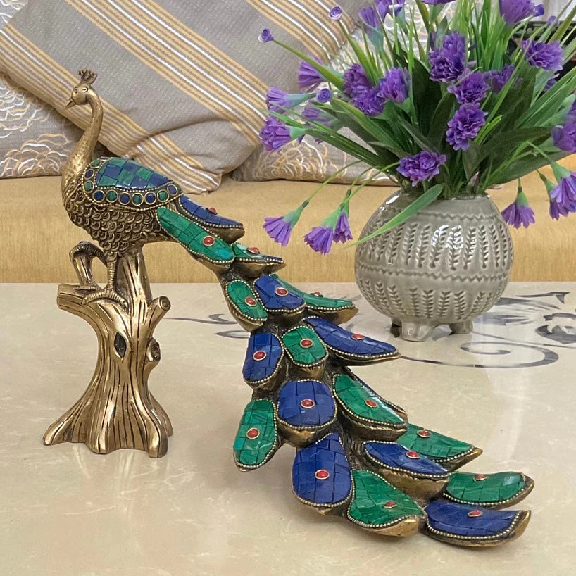 Brass Peacock Figurine With Stonework (set of 2) - Indian Home Decor Ideas