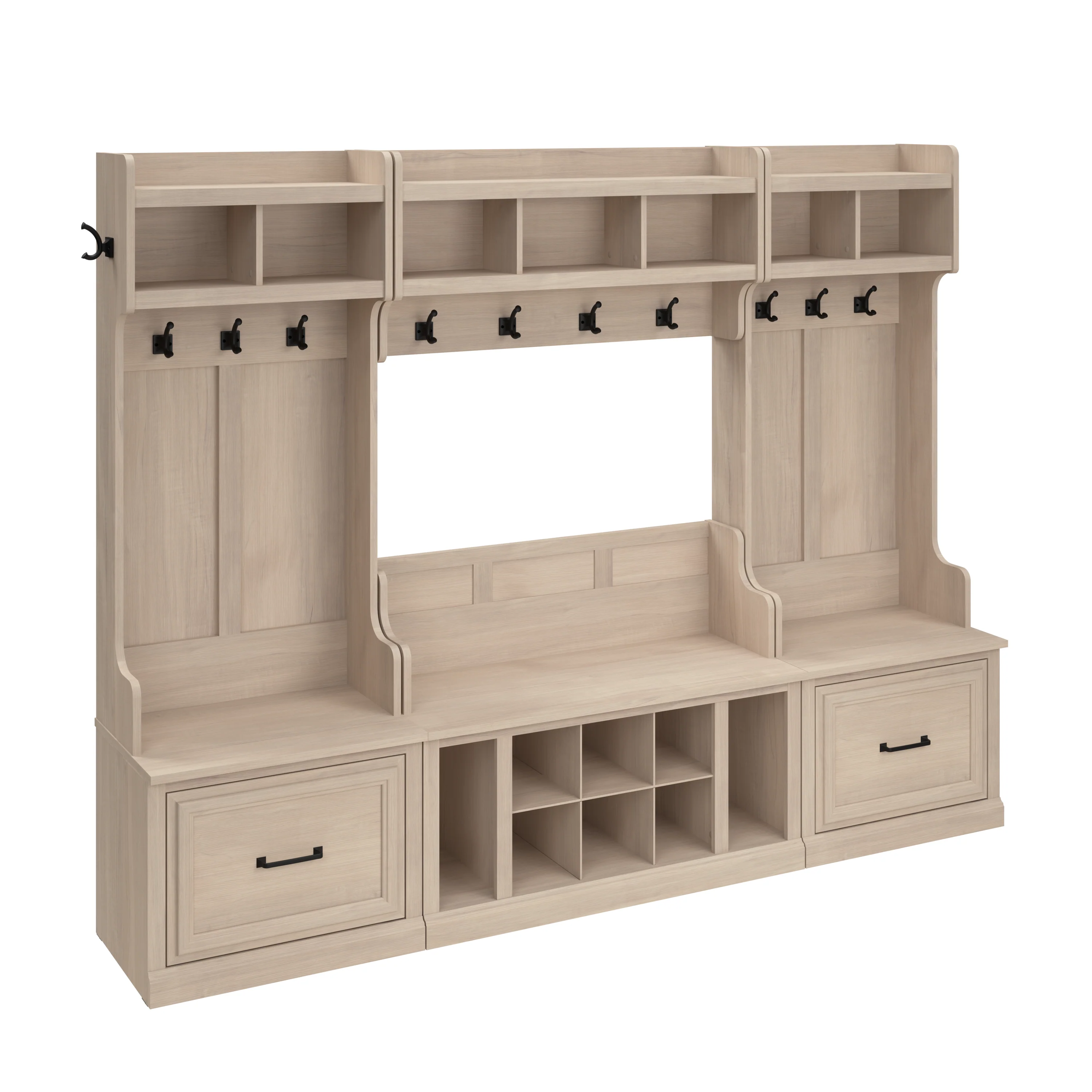 Woodland Full Entryway Storage Set with Coat Rack and Shoe Bench with Drawers