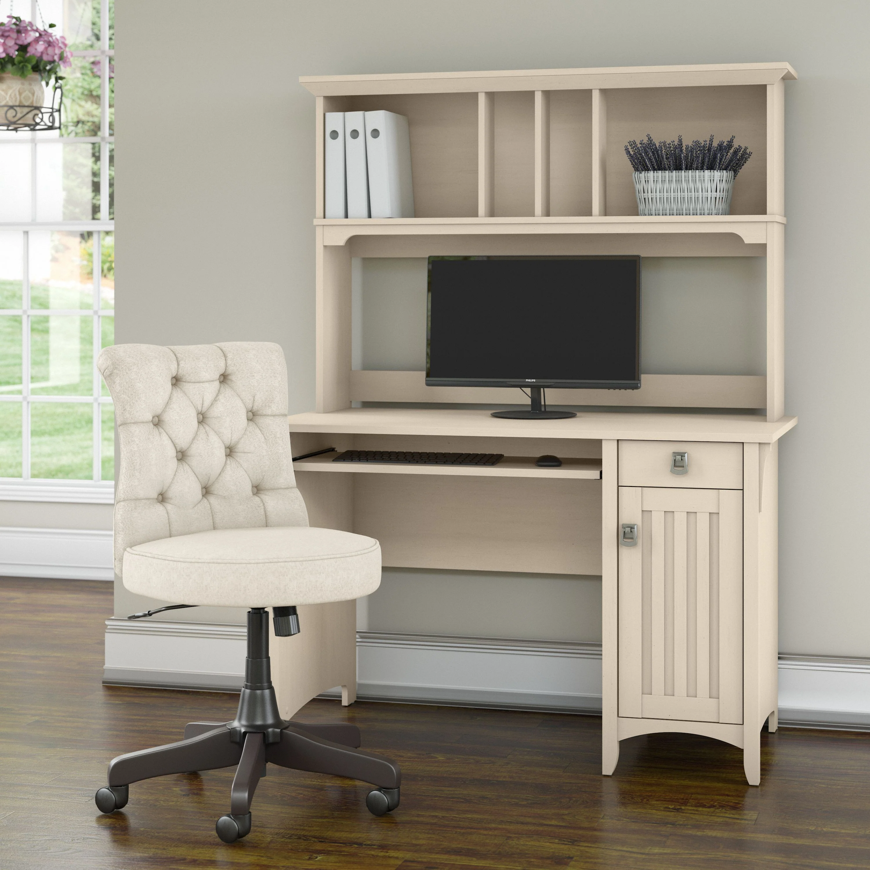 Salinas 48W Computer Desk with Hutch and Mid Back Tufted Office Chair