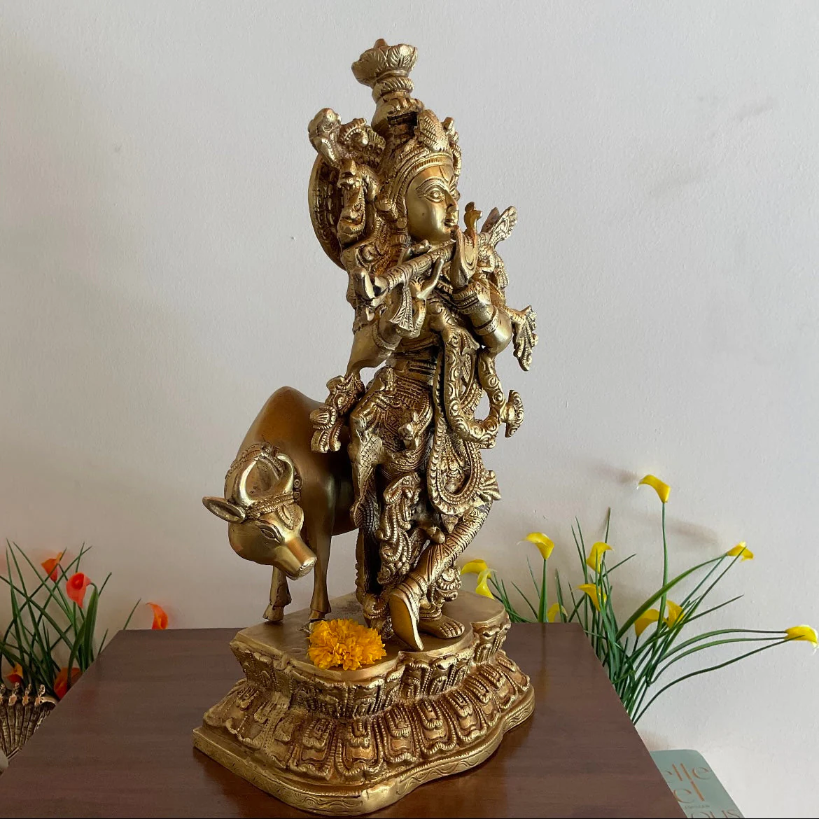 17 Inches Lord Krishna & Cow Brass idol - Krishna Statue for Indian Decor