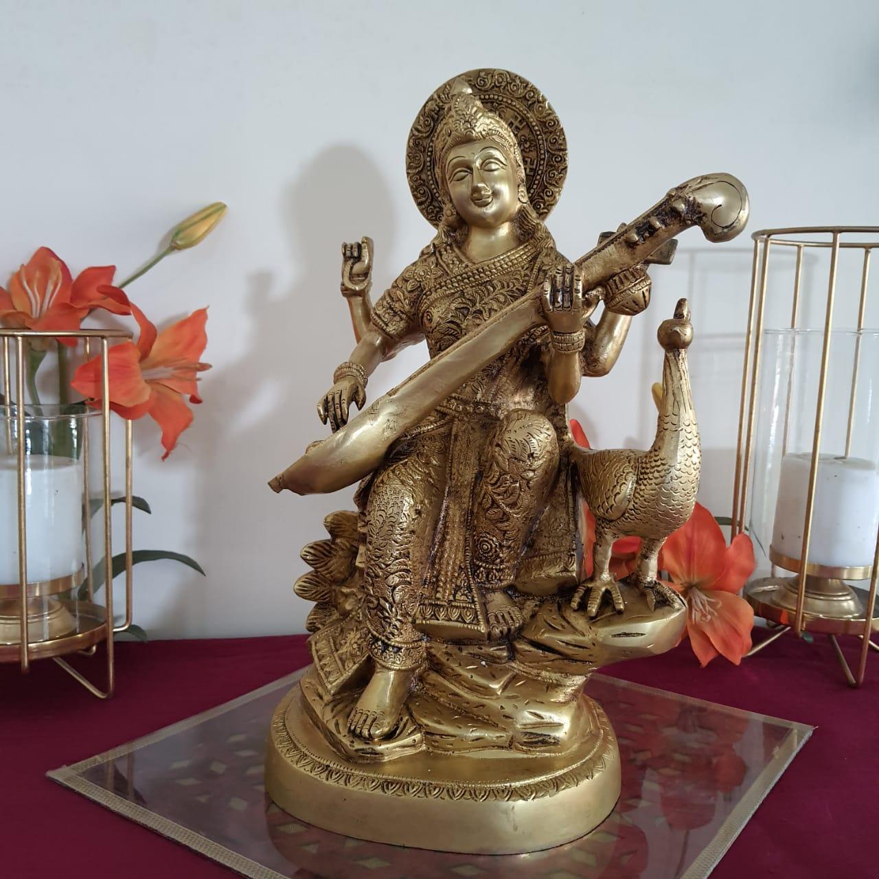 15 Inches Goddess Saraswati Brass Idol - Decorative Statue