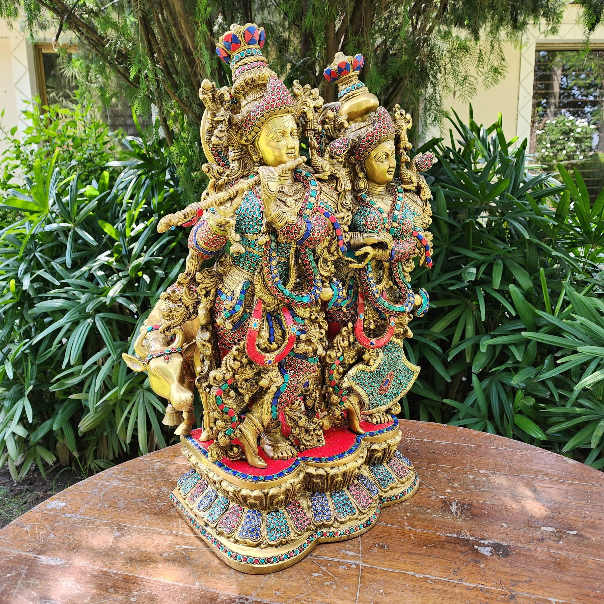 28 Inch Radha Krishna With Cow Brass Stonework Statue Idol
