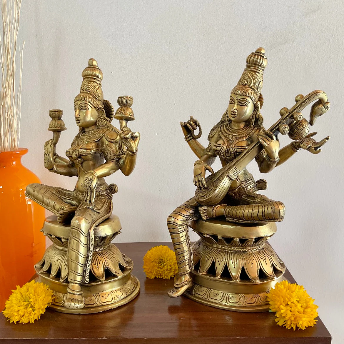 12 Inches Goddess Lakshmi & Saraswati Brass Idol (Set of 2) - Decorative Statue Home Decor
