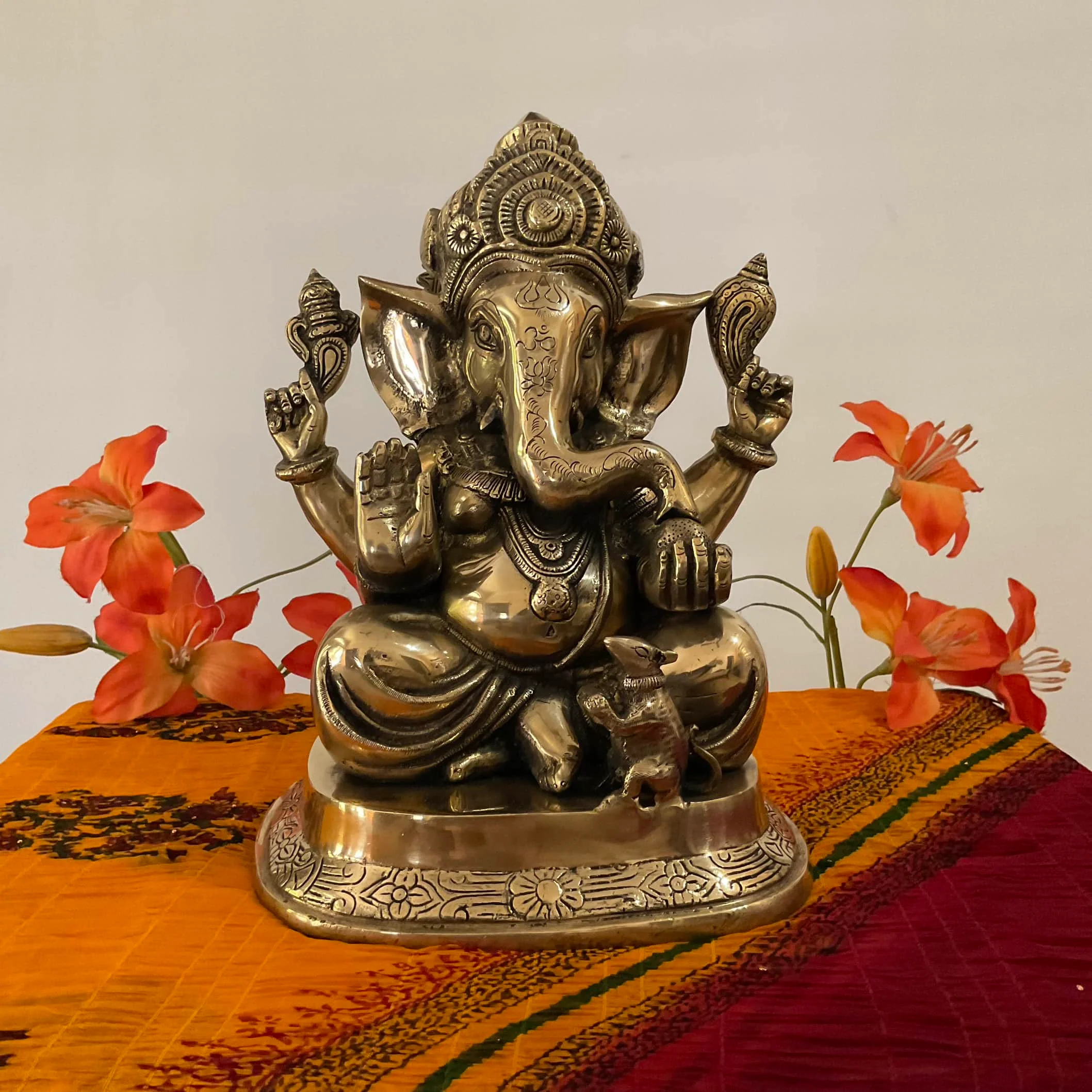 14 Inch Lord Ganesh Brass Idol - Ganpati Decorative Statue for Home Decor