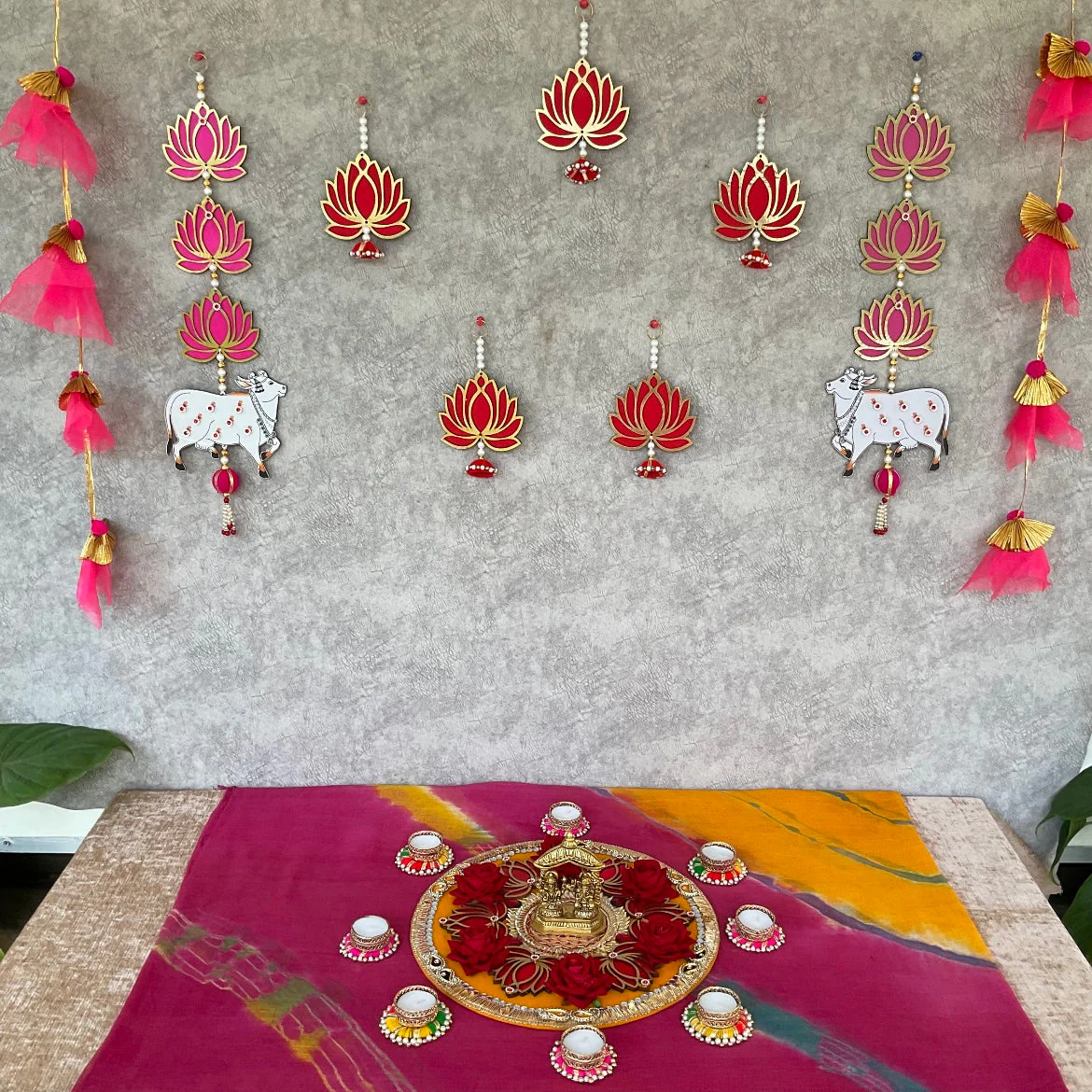 Lakshmi Ganesha Brass Idol - Pichwai Cow Lotus & Frills Wall Decor With Decorative Plate & Tea Light (Set of 19) - Festive Decoration