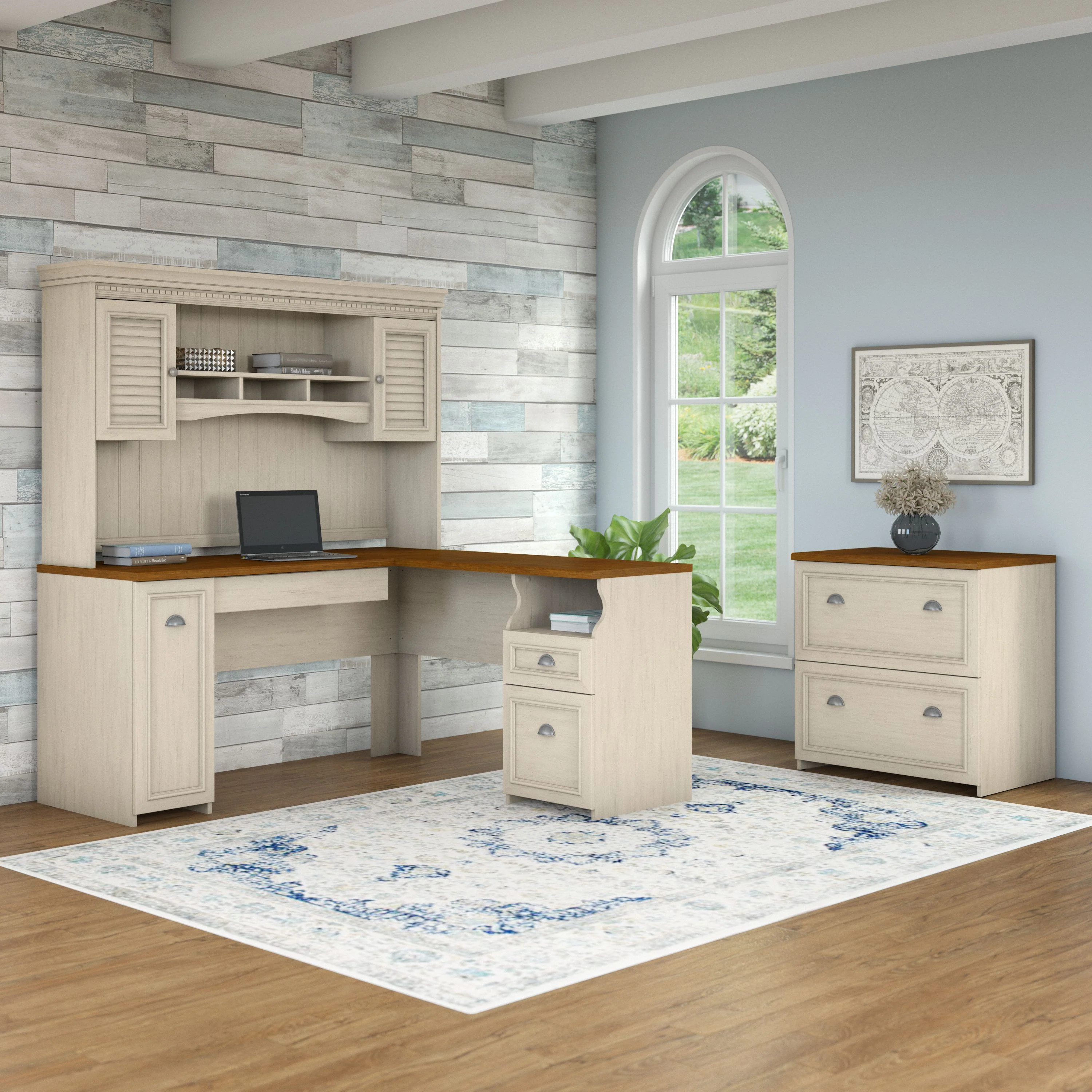 Fairview 60W L Shaped Desk with Hutch and Lateral File Cabinet