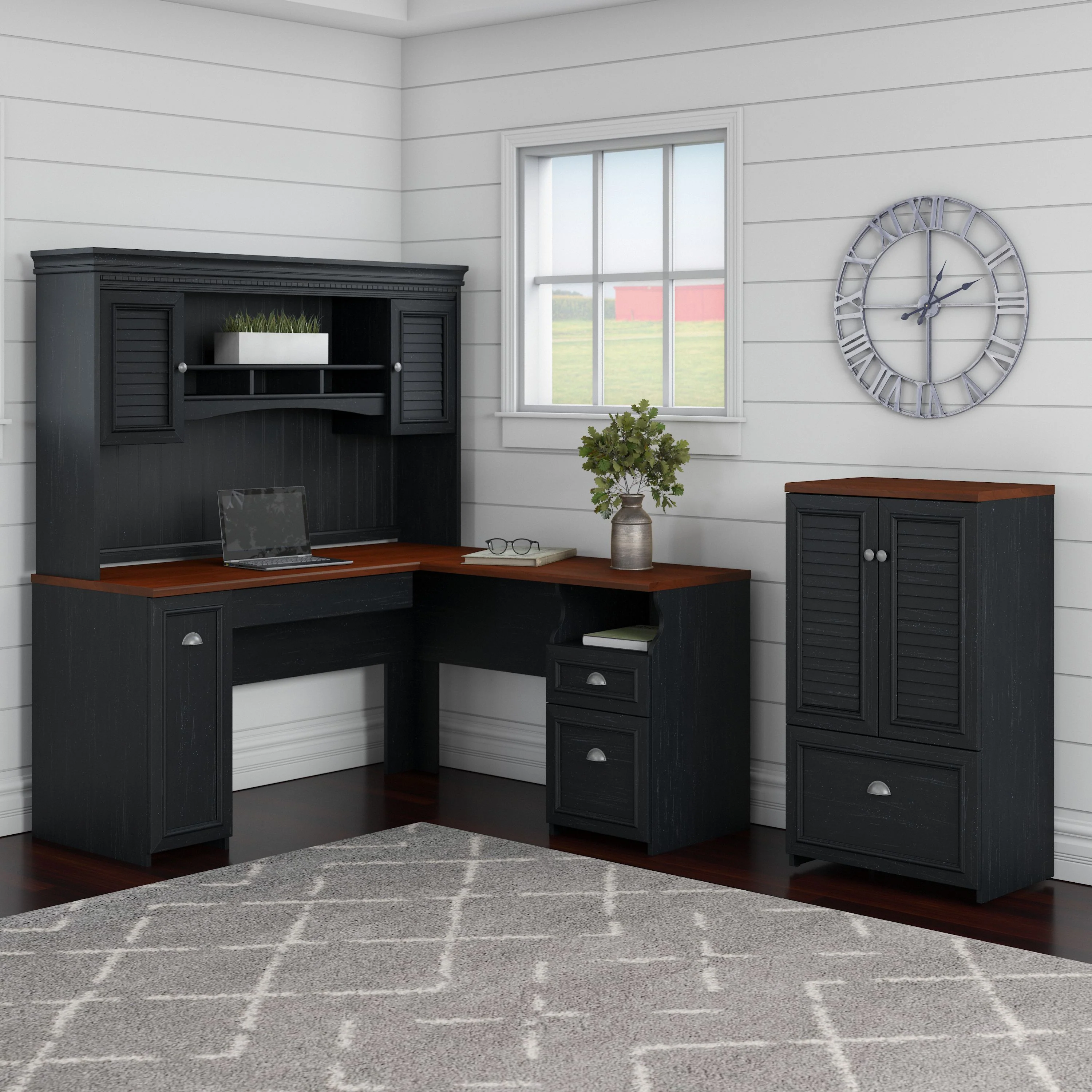 Fairview 60W L Shaped Desk with Hutch and Storage Cabinet with File Drawer