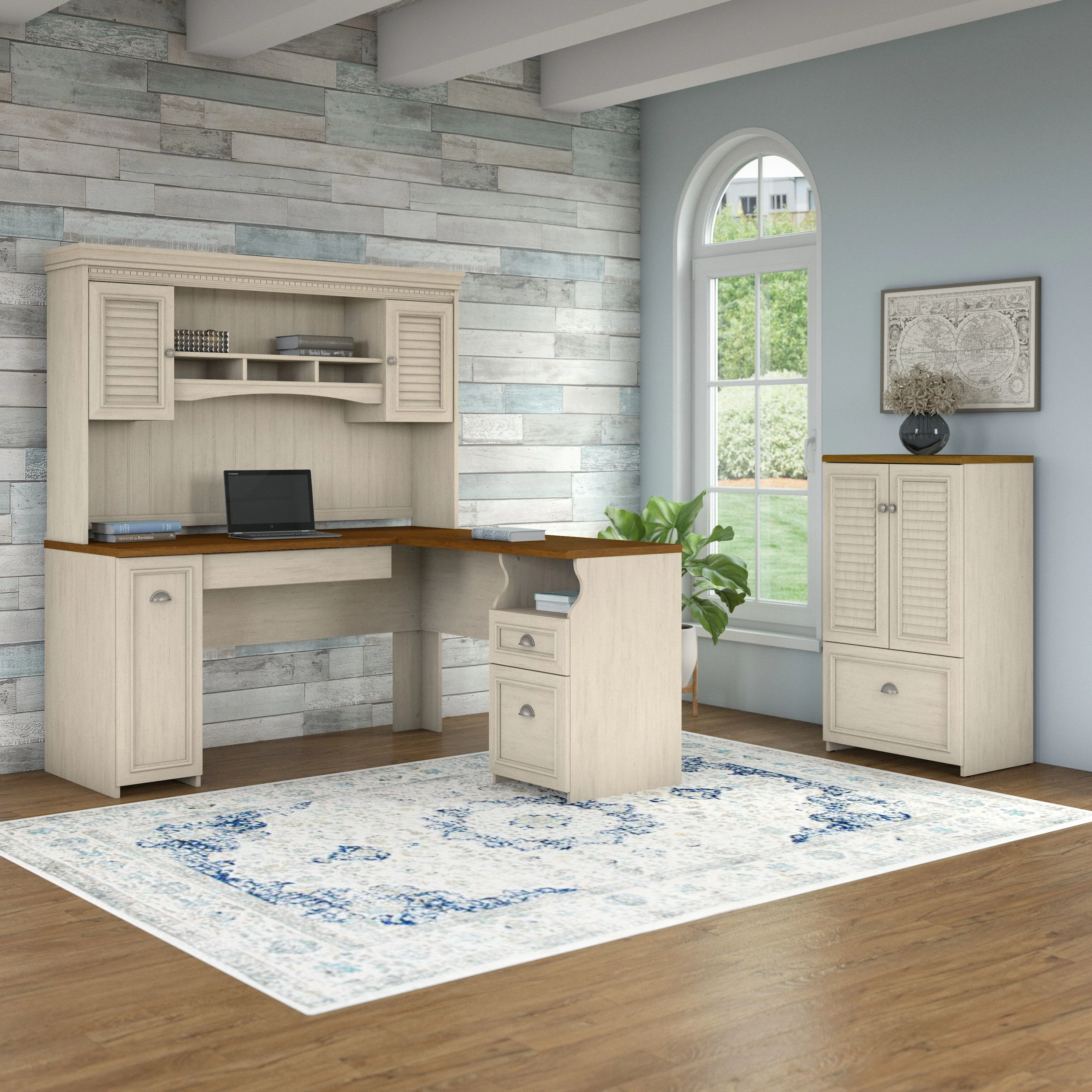 Fairview 60W L Shaped Desk with Hutch and Storage Cabinet with File Drawer