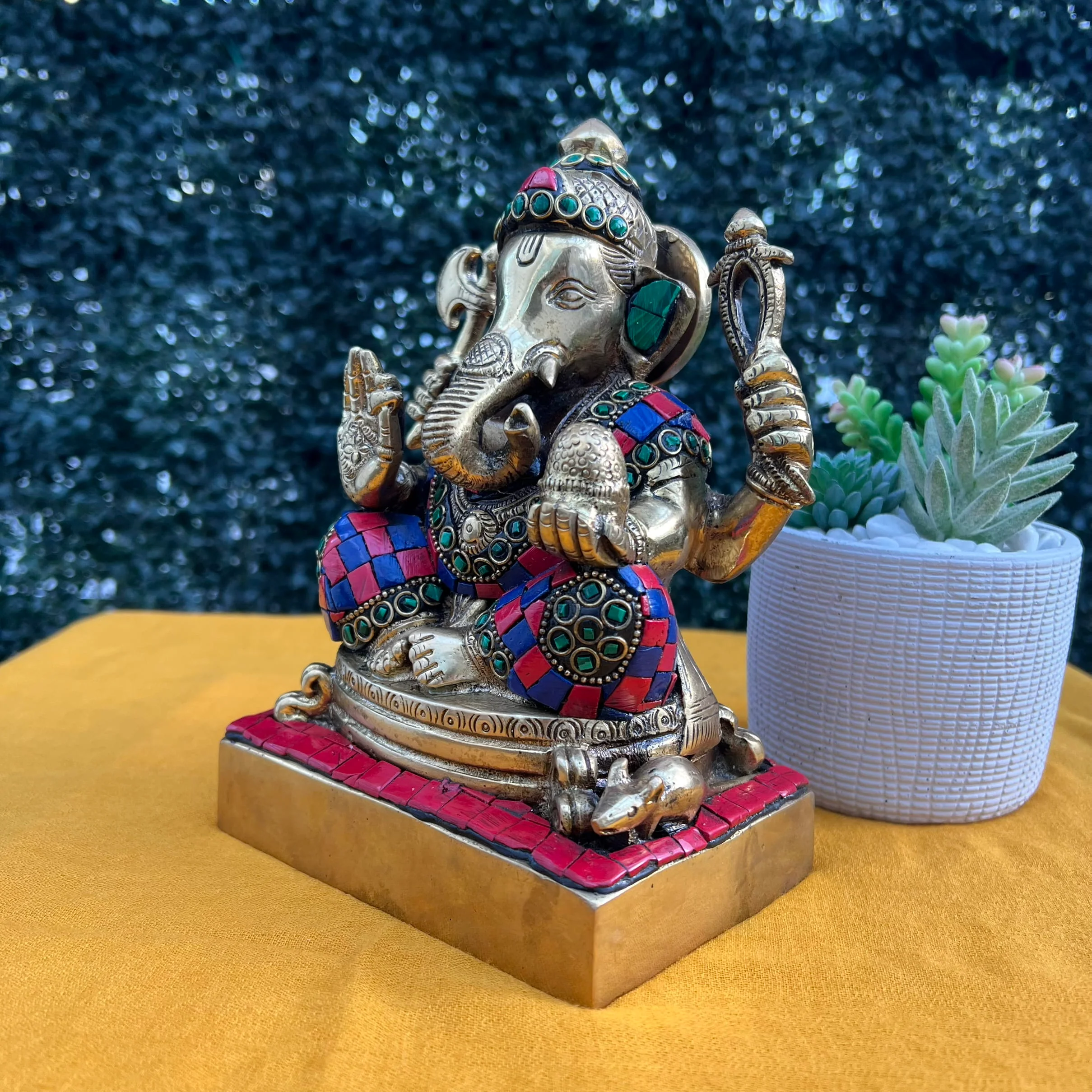 8 Inches Lord Ganesh Brass Idol - handcrafted Stonework - Ganpati Decorative Statue for Home Decor - Housewarming Gift