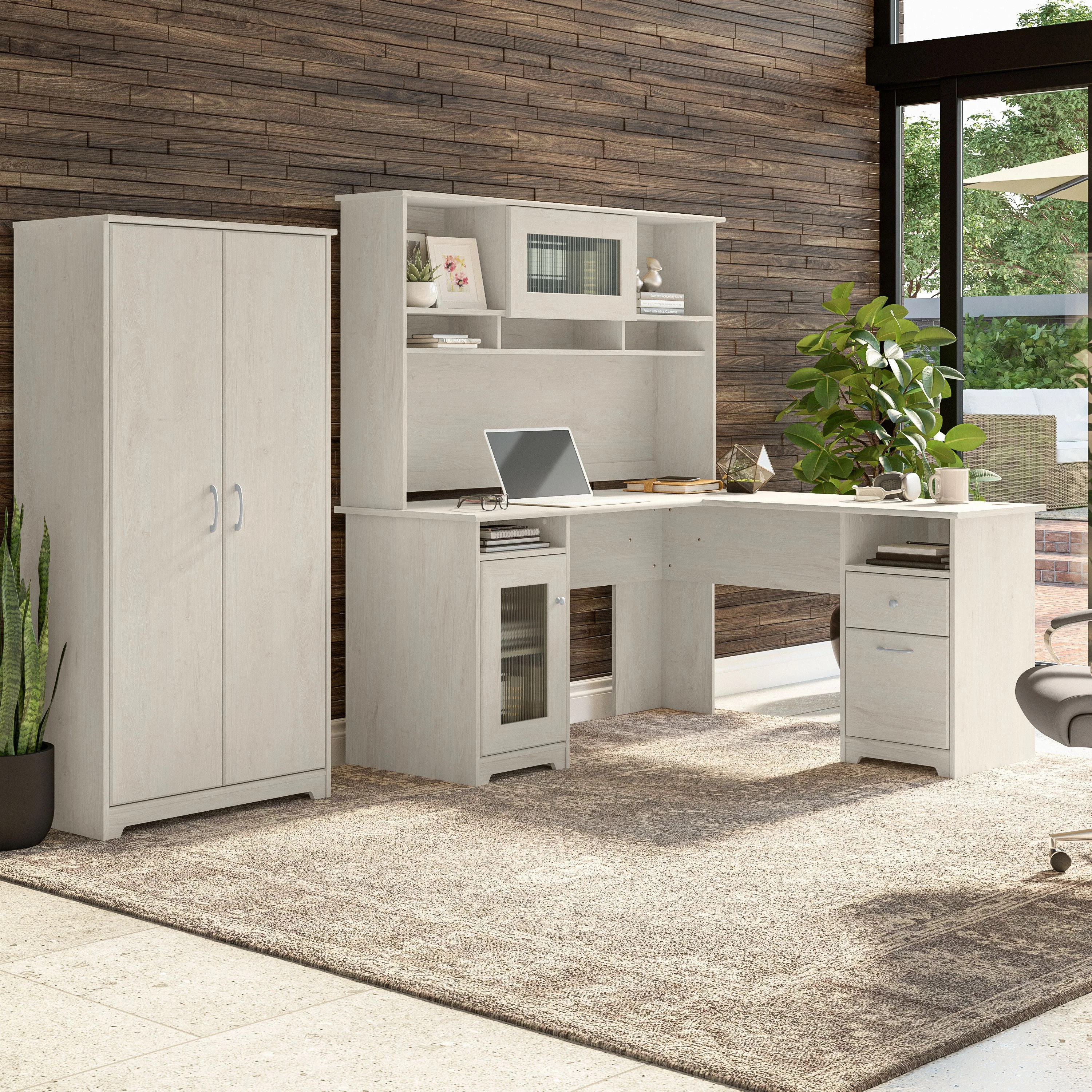 60W L Desk, Hutch, and 2 Door Tall Storage