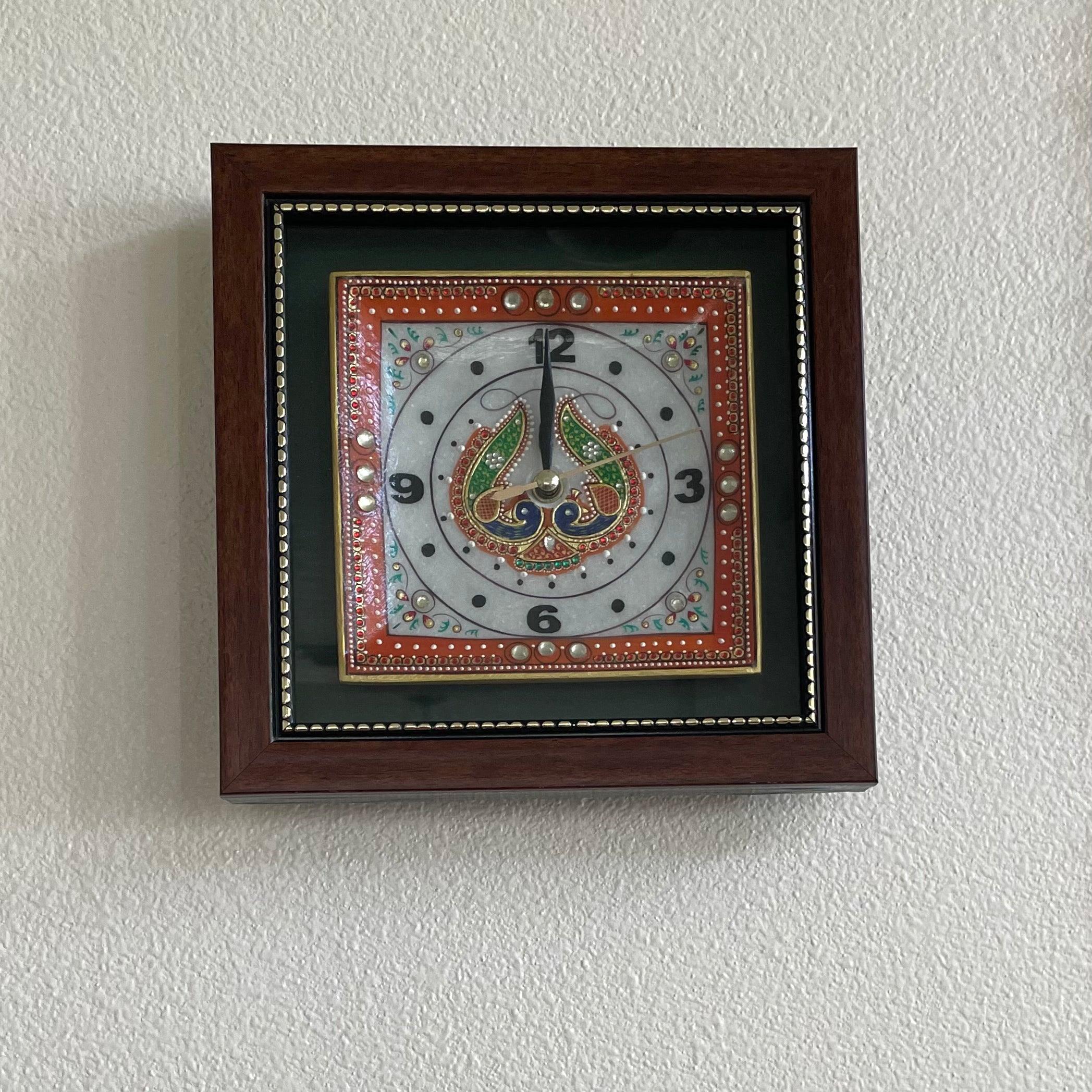 Gold leaf 9 Inches Marble Clock - Meenakari Stone Art Jewelry Painting - Home Decor