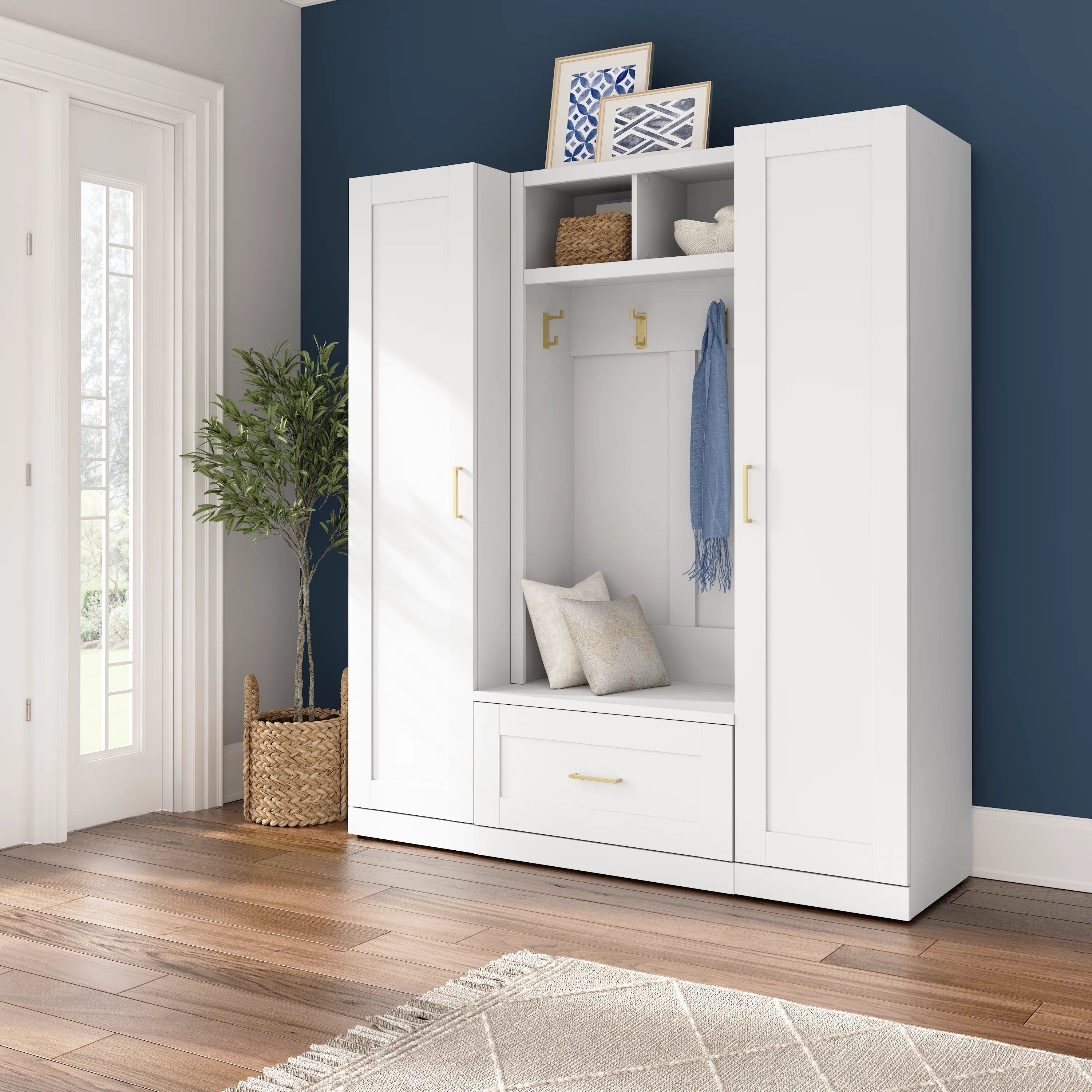 Hampton Heights Full Entryway Storage Set with Hall Tree, Shoe Bench with Drawer and Cabinet