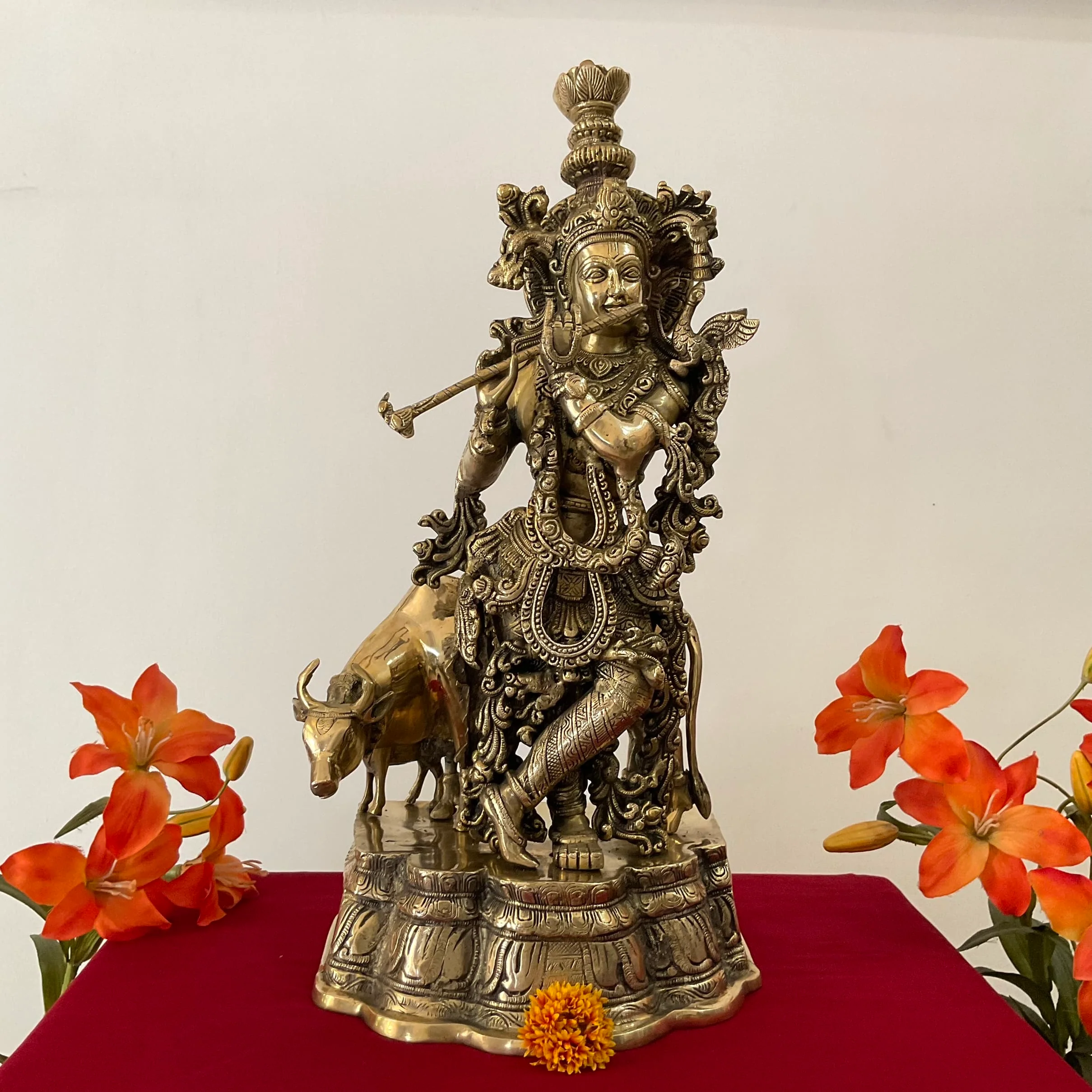 23 Inch Lord Krishna Cow Calf Brass idol - Krishna Statue for Indian Decor