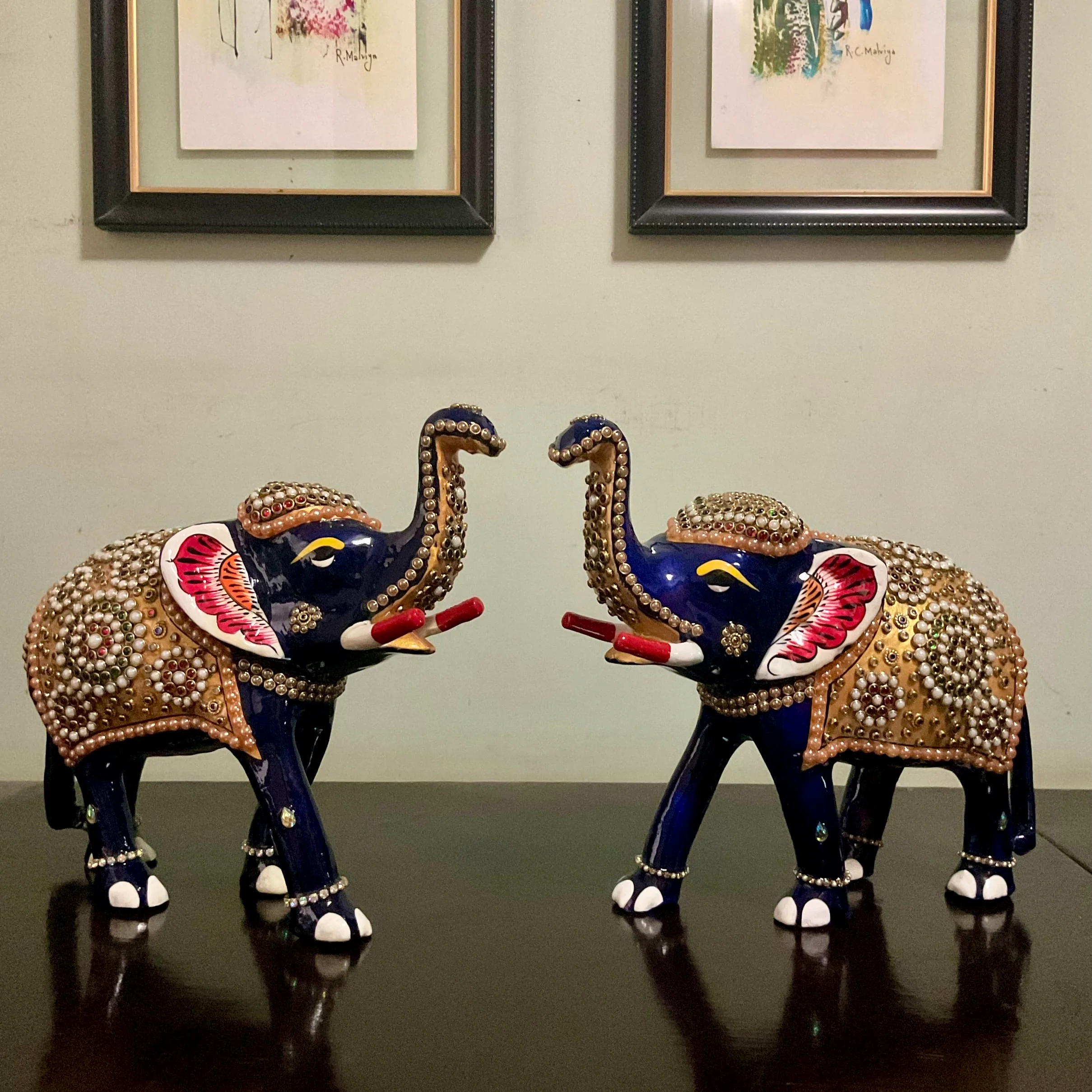 Handcrafted Decorative Metallic Elephant (Set of 2) - Meenakari Stonework - Animal Decor
