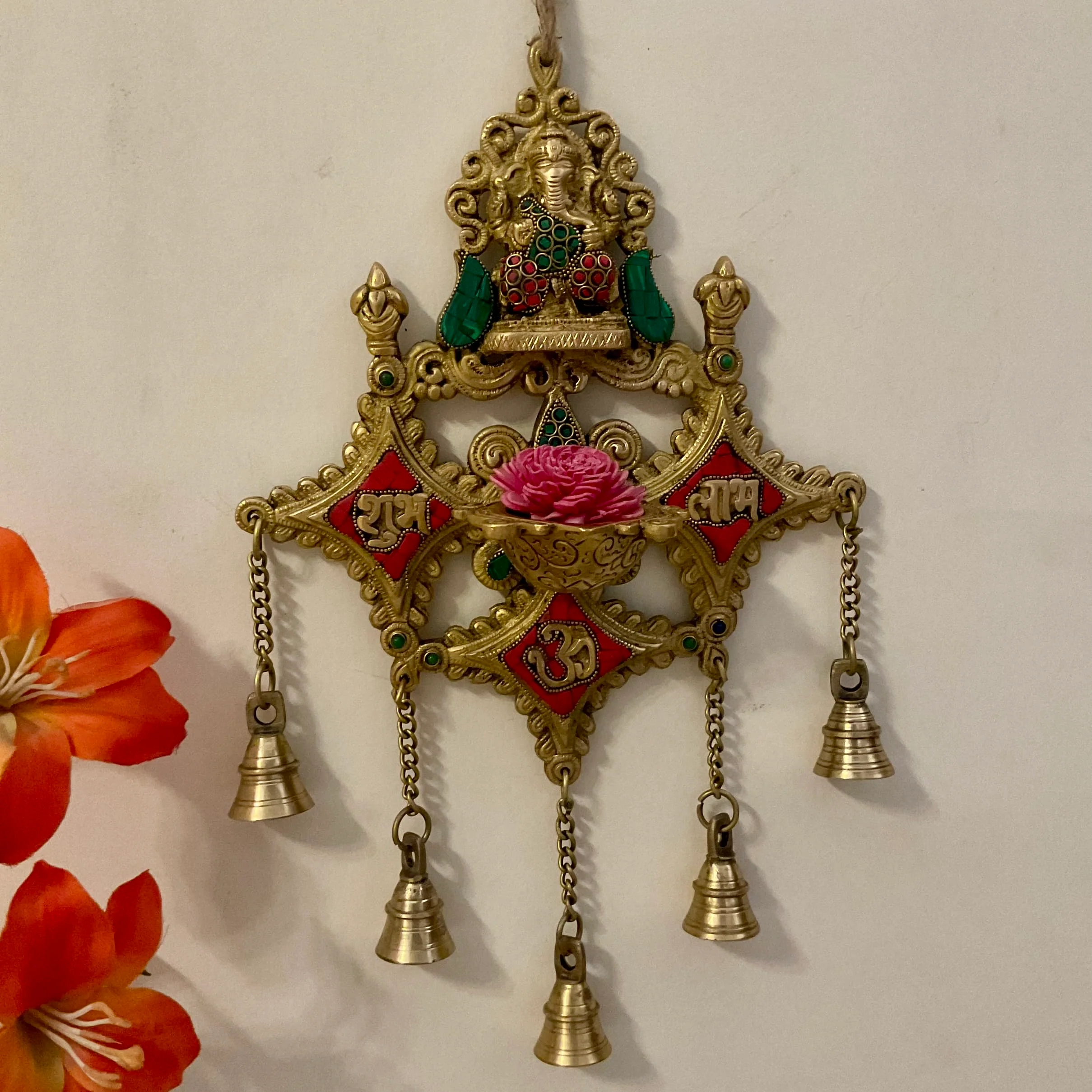Shubh Labh Ganesha Wall Hanging Diya Bell - Brass Stonework Decor